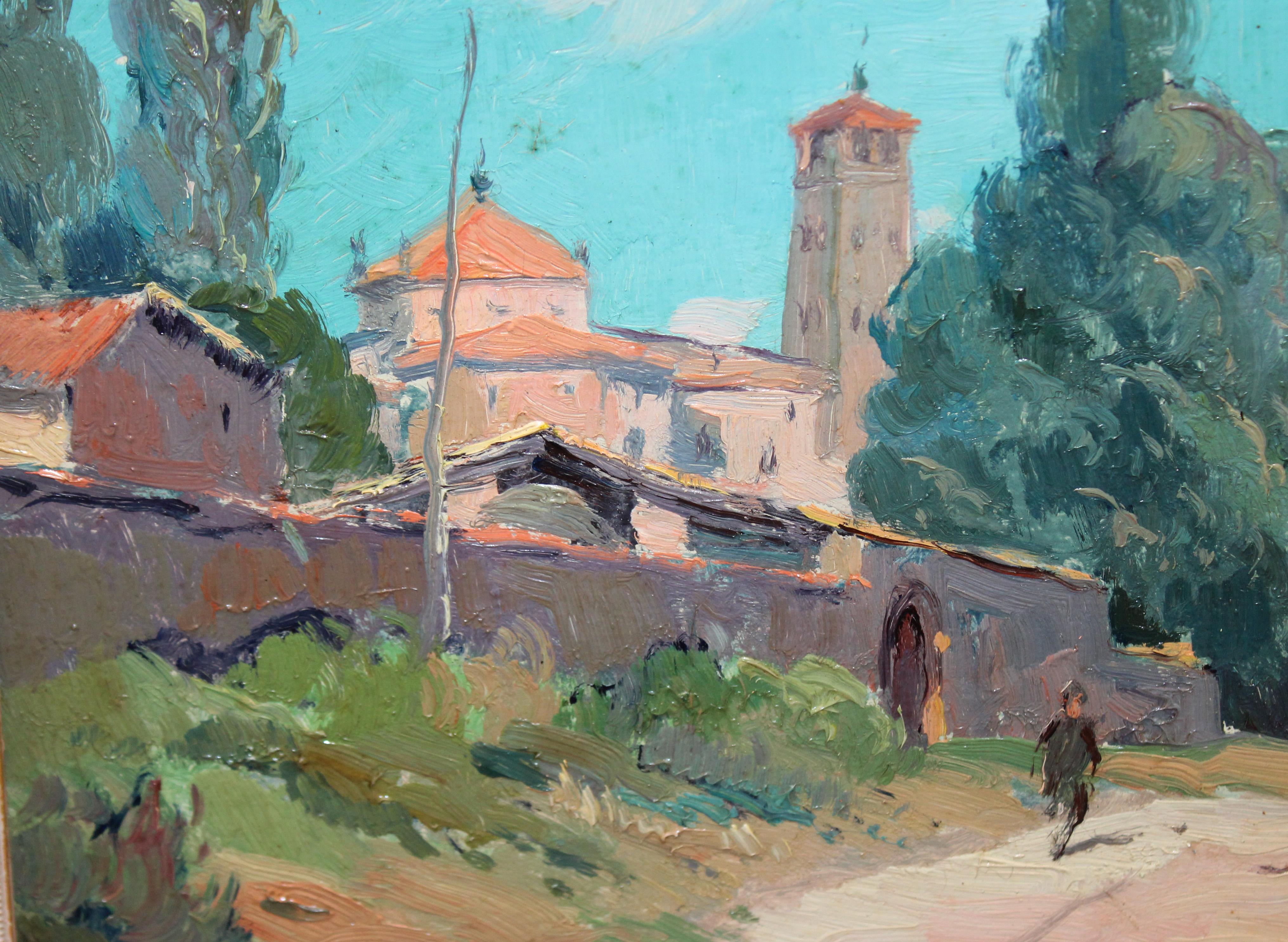 Óleo sobre tela - Paisaje con iglesia y caminante - Año 1940 - Impressionist Painting by Josep Mª Vila Cañellas