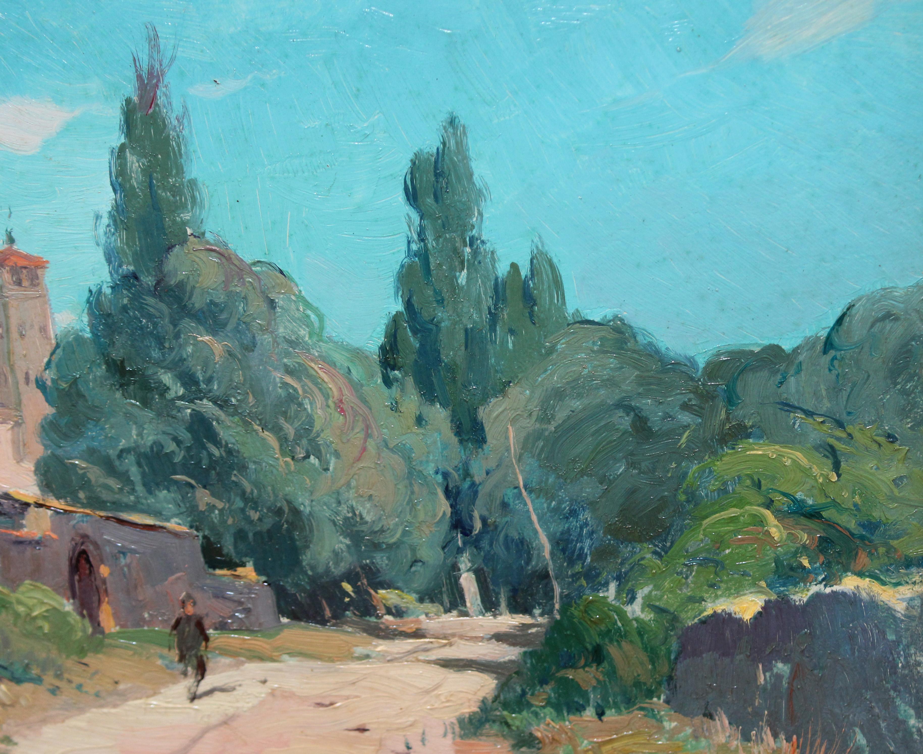 Óleo sobre tela - Paisaje con iglesia y caminante - Año 1940 - Gray Landscape Painting by Josep Mª Vila Cañellas