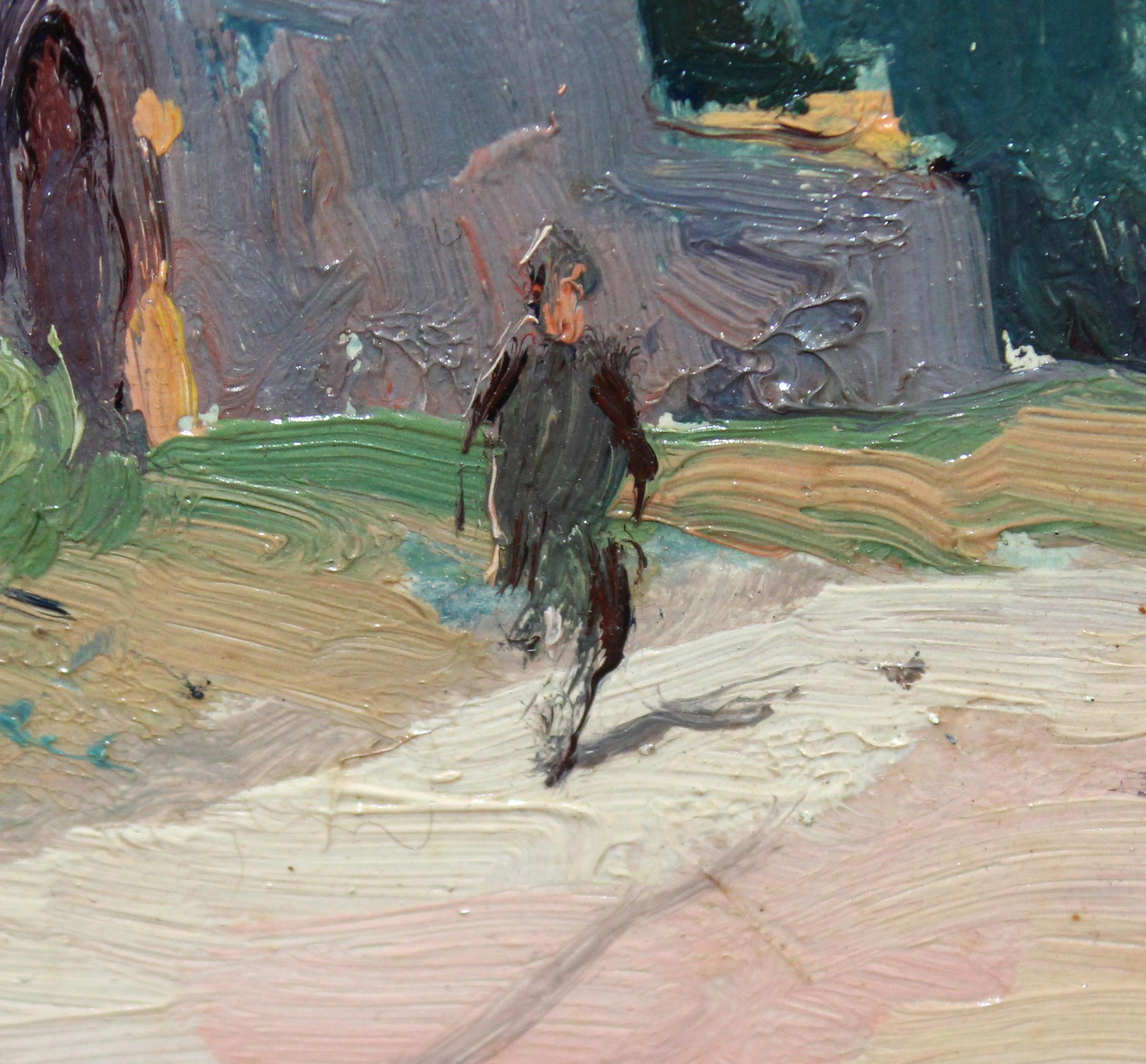 Óleo sobre tela - Paisaje con iglesia y caminante - Año 1940 For Sale 1