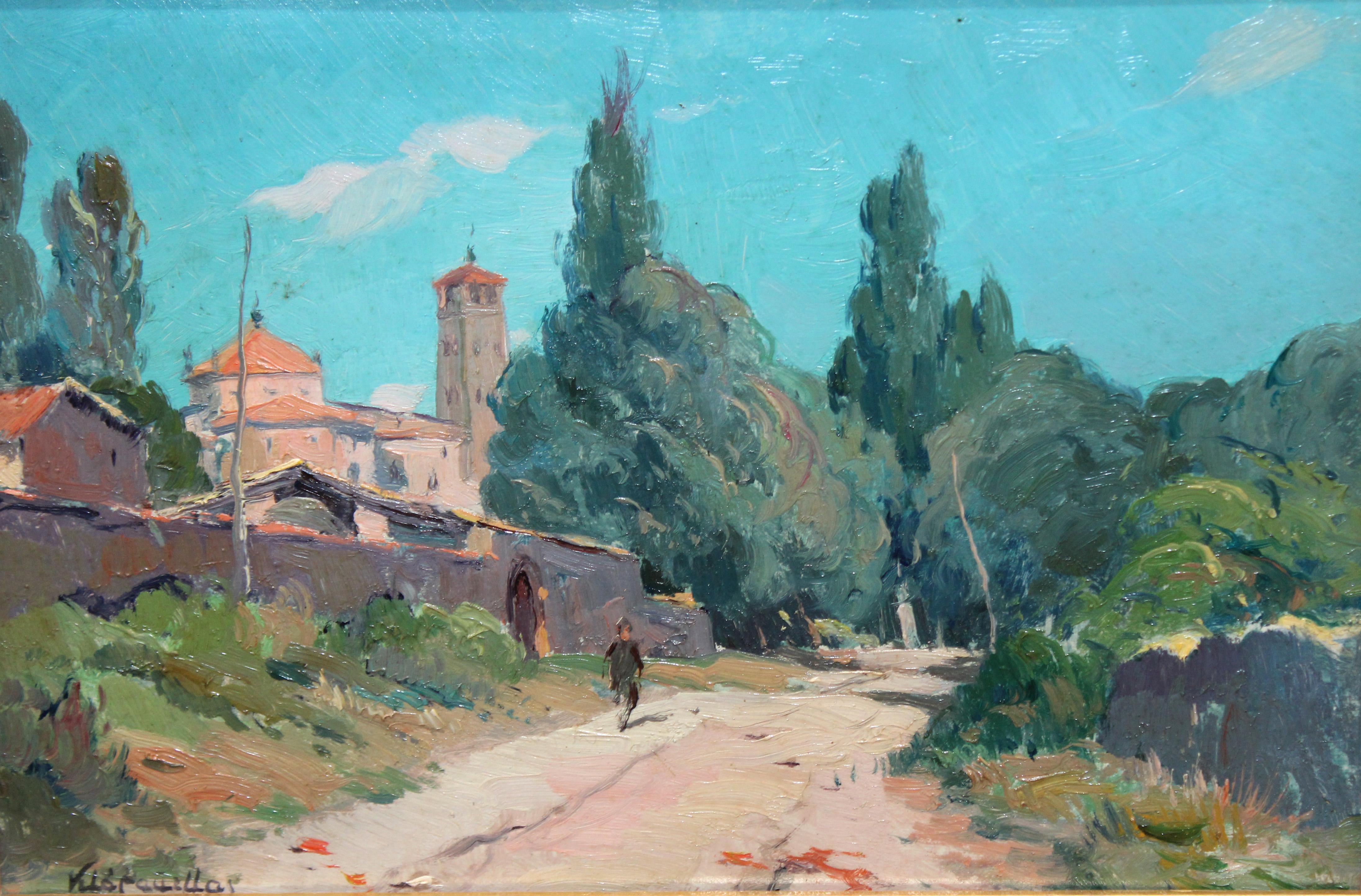 Josep Mª Vila Cañellas Landscape Painting - Óleo sobre tela - Paisaje con iglesia y caminante - Año 1940