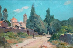 Óleo sobre tela - Paisaje con iglesia y caminante - Año 1940