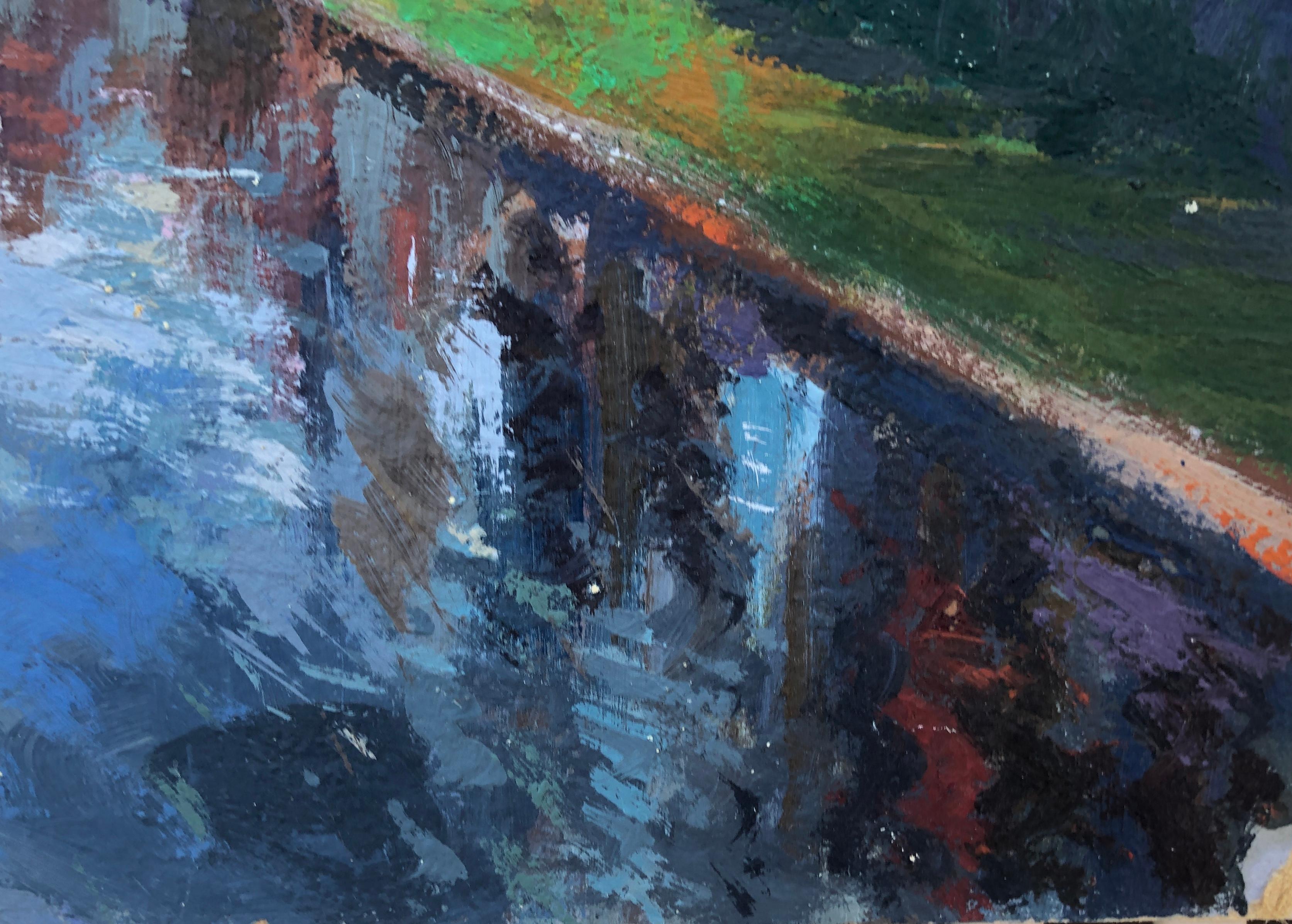 Europäische Stadtlandschaft und Fluss Original Öl auf Karton Gemälde (Impressionismus), Painting, von Josep Marfa Guarro