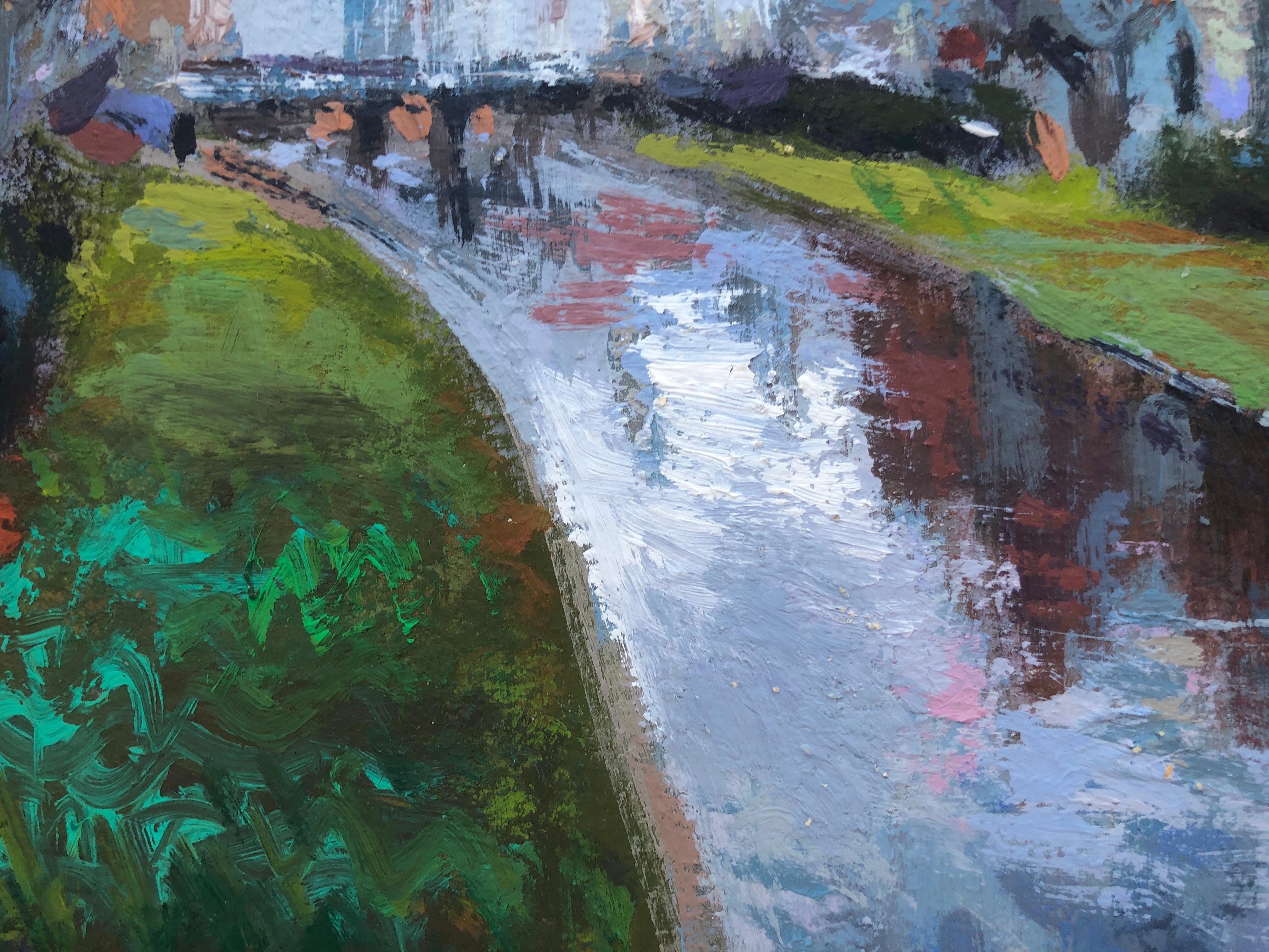 European urbanscape and river original oil on cardboard painting For Sale 1