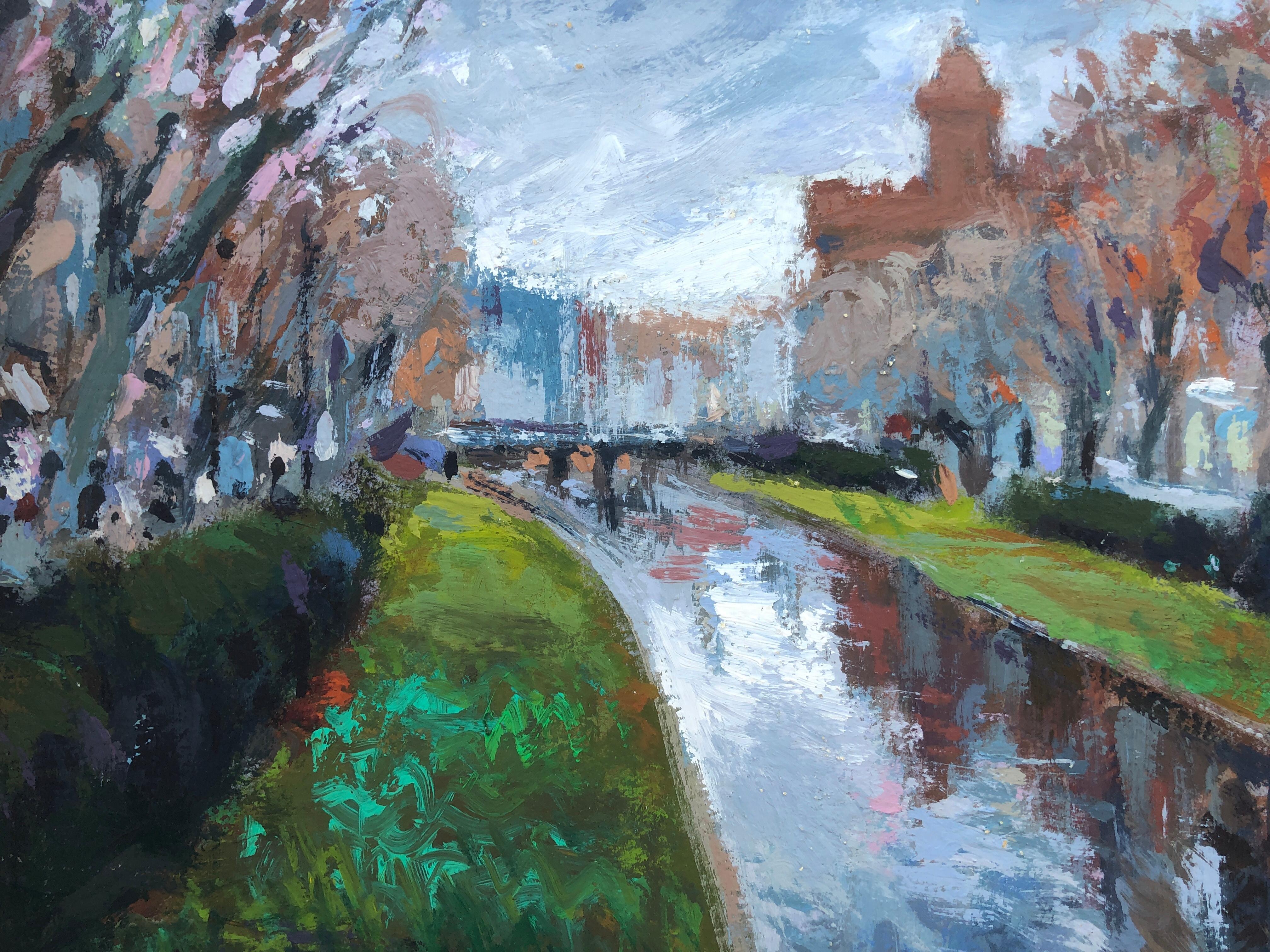 European urbanscape and river original oil on cardboard painting For Sale 3
