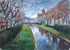 European urbanscape and river original oil on cardboard painting