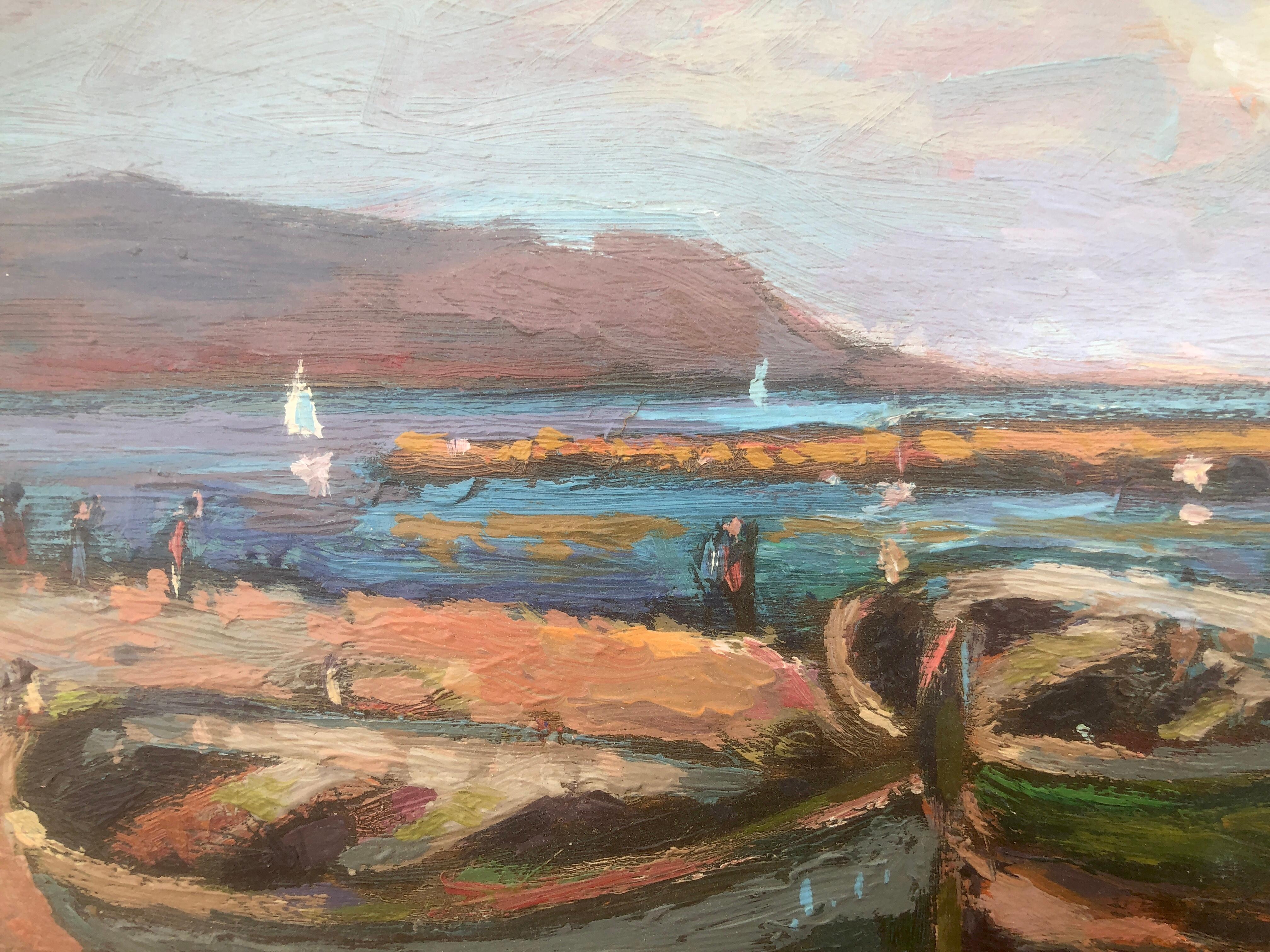 Plage de pêcheurs paysage marin espagnol peinture originale huile sur carton méditerranée en vente 1