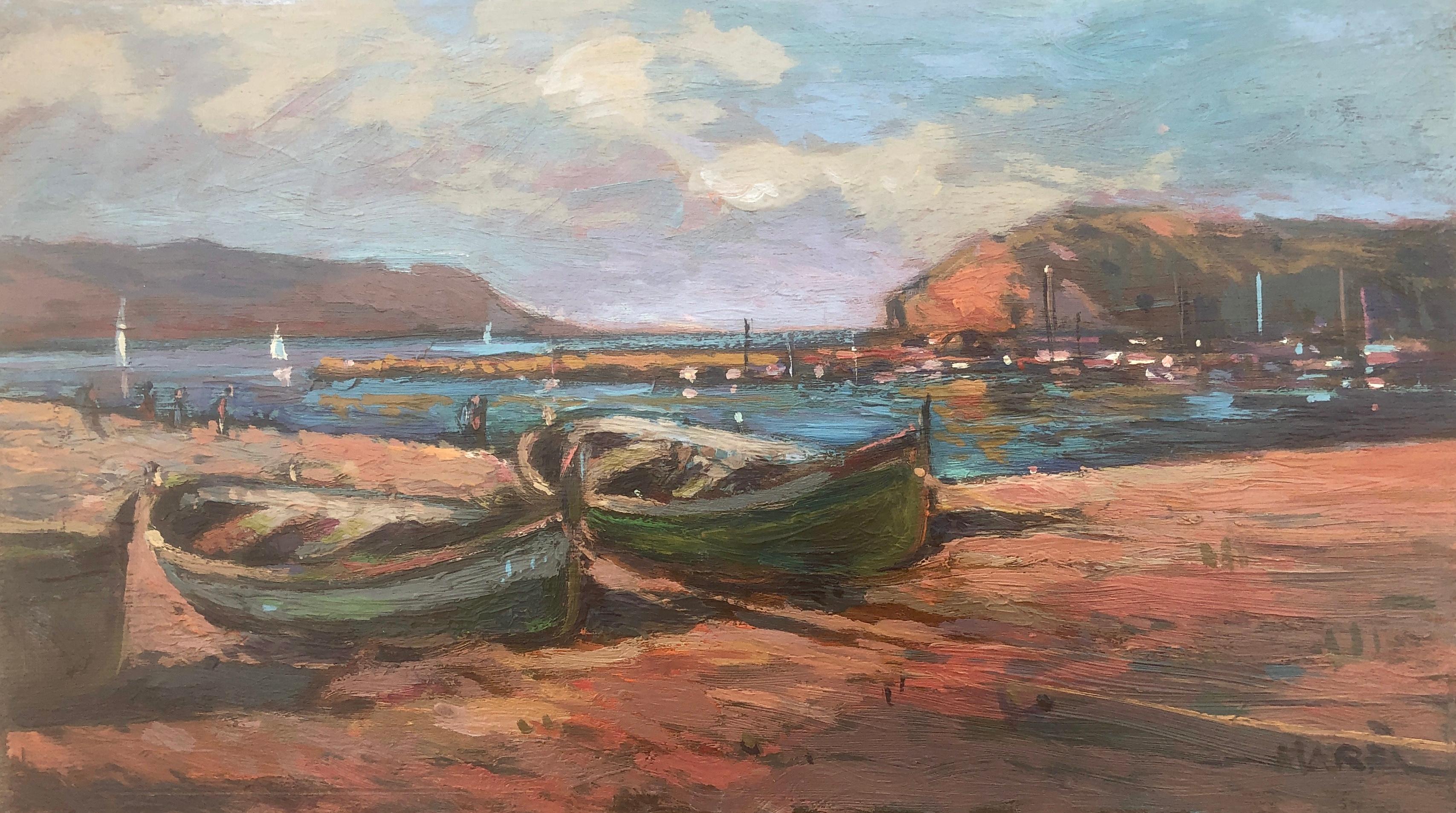 Figurative Painting Josep Marfa Guarro - Plage de pêcheurs paysage marin espagnol peinture originale huile sur carton méditerranée