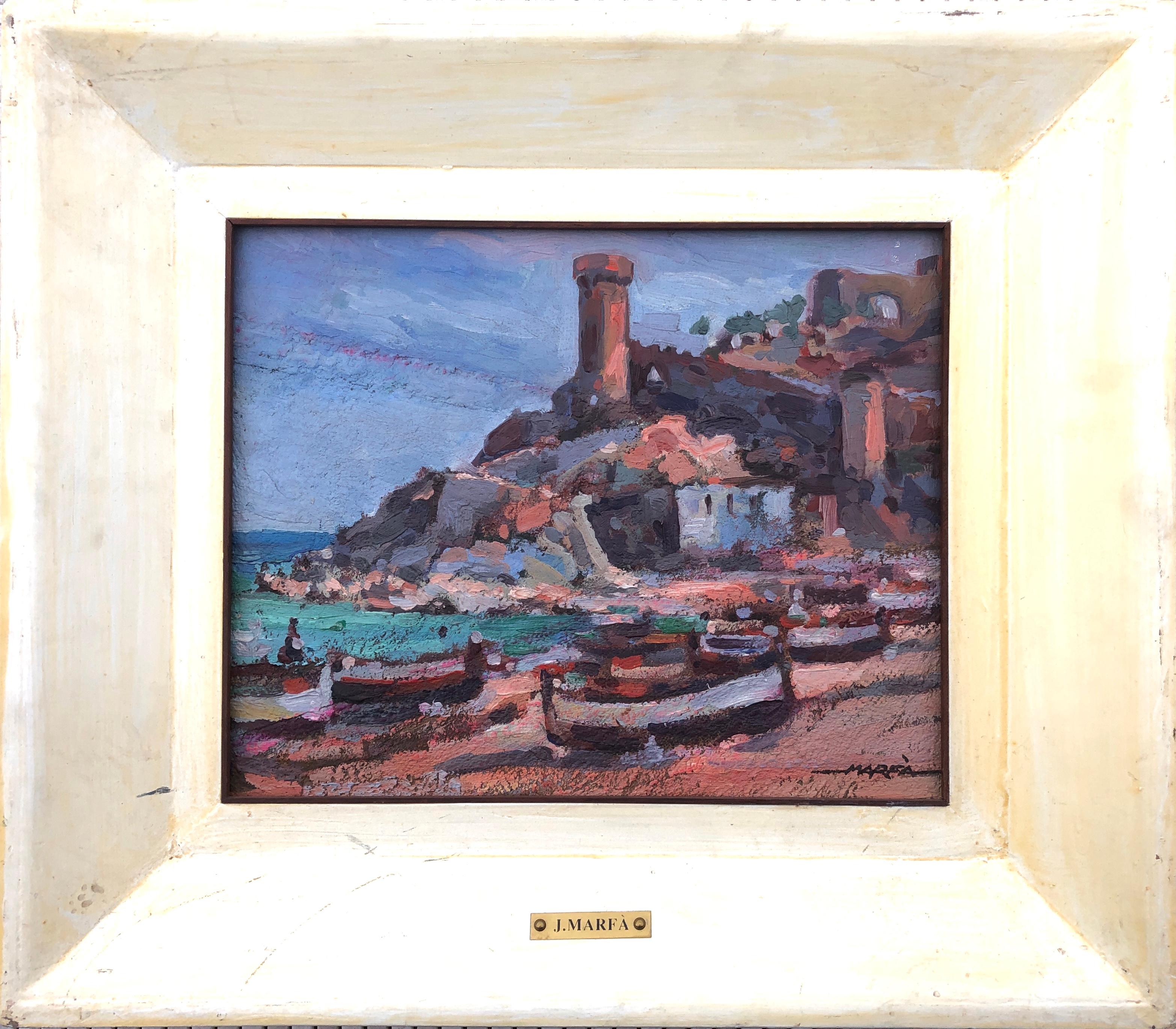 Tossa de mar spanish seascape original oil on cardboard painting mediterranean - Painting by Josep Marfa Guarro