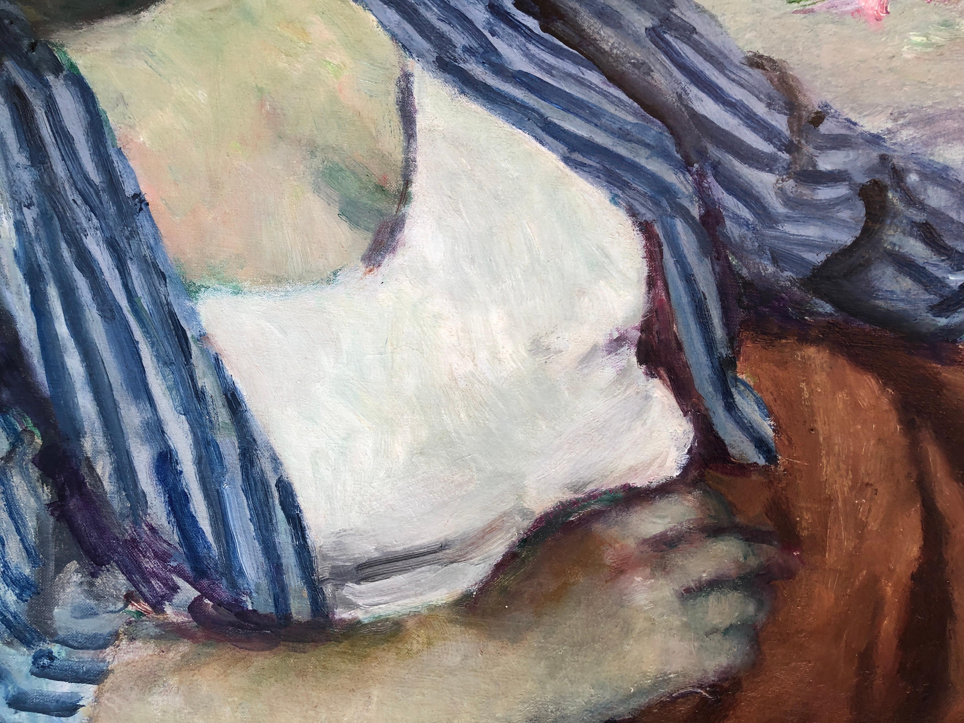 femme allongée huile sur toile peinture - Noir Portrait Painting par Josep Maria Mallol Suazo