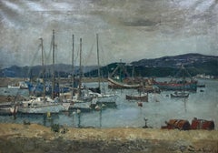 Mediterranean Harbor with Boats and Mountains Post-War Catalan Oil Spanish Art