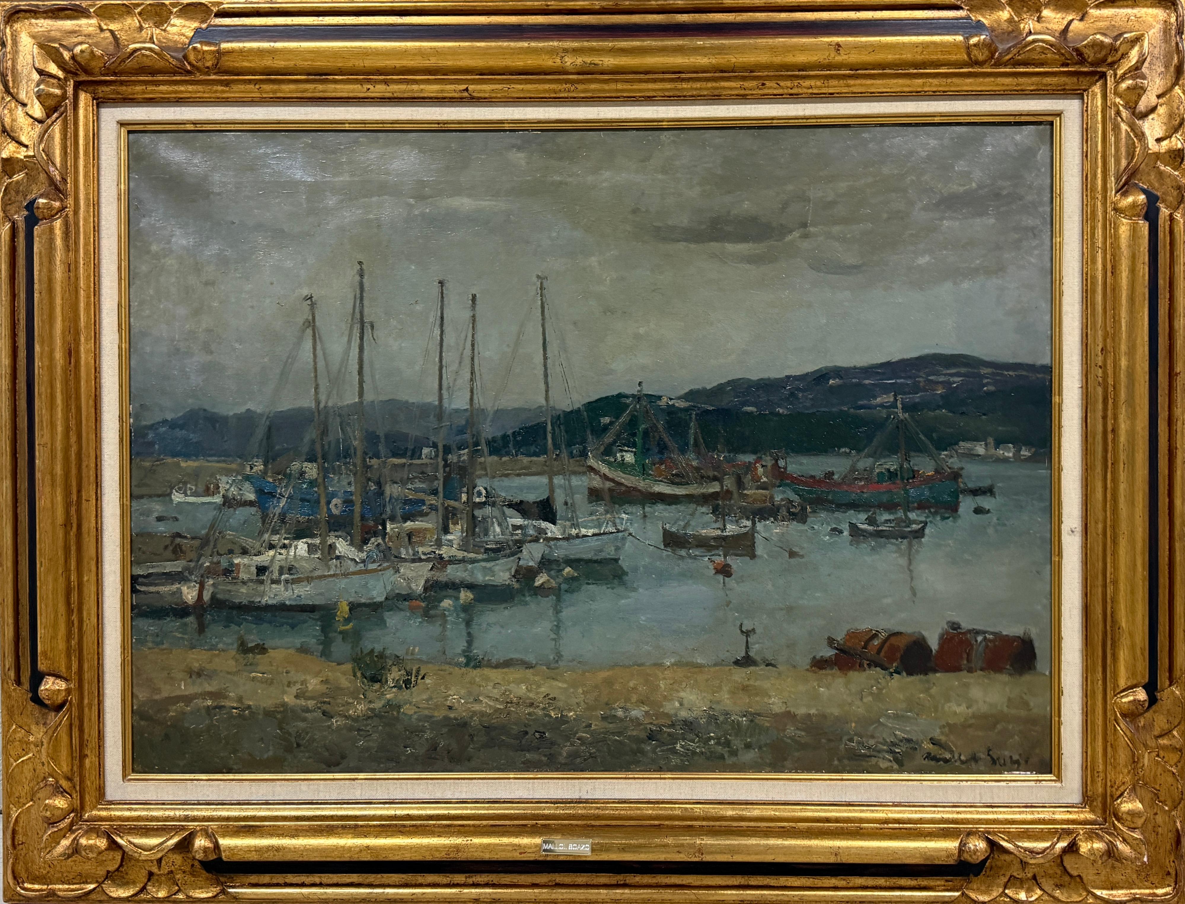 Josep Maria Mallol Suazo Landscape Painting - Mediterranean Harbor with Boats and Mountains Post-War Catalan Oil Spanish Art
