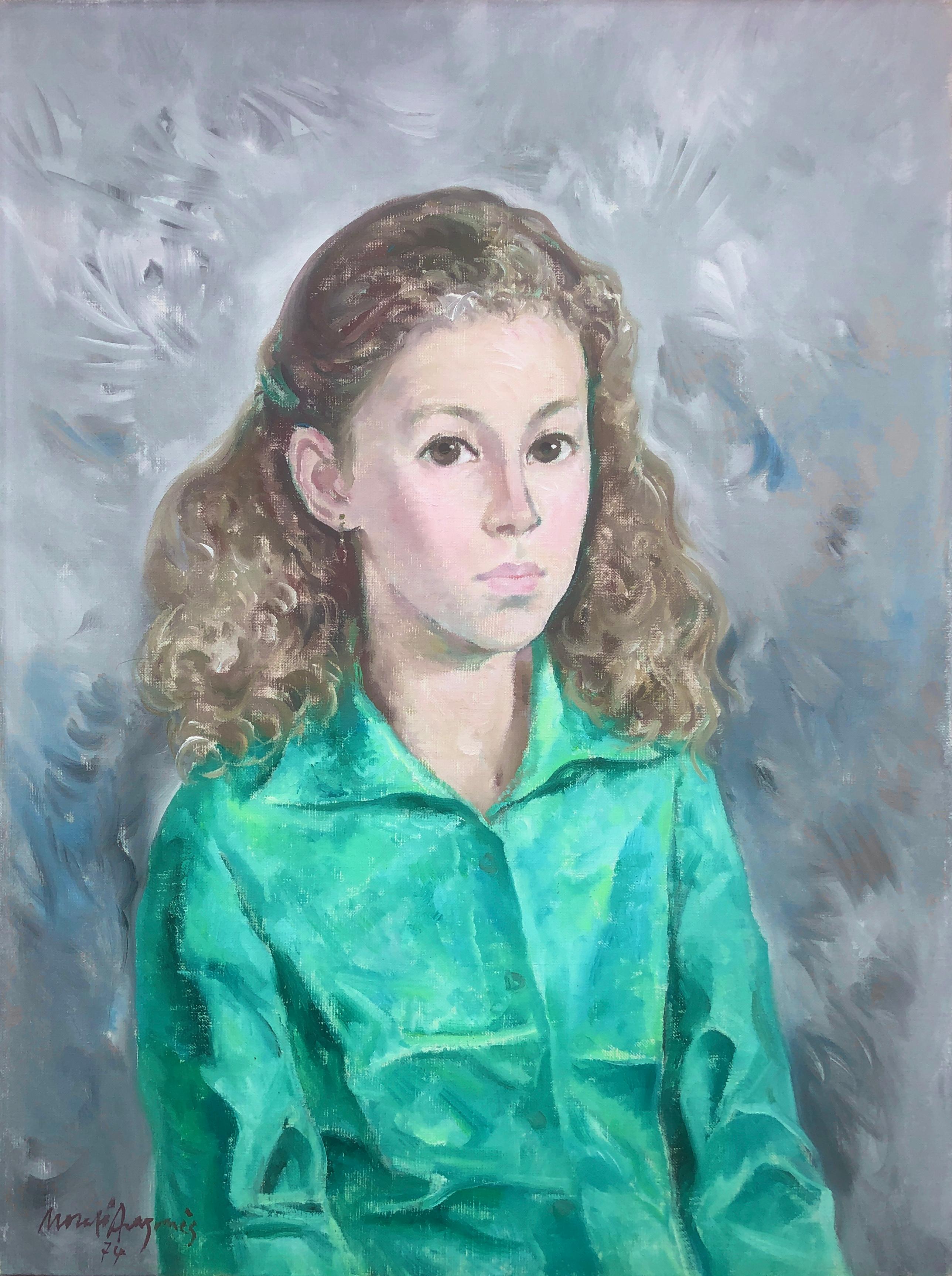 Josep Maria Morato Aragones Portrait Painting - Young girl portrait oil on canvas painting