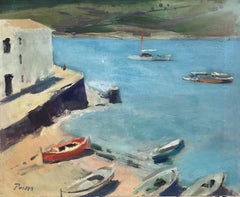 Vintage boats on the beach Spain landscape oil on canvas