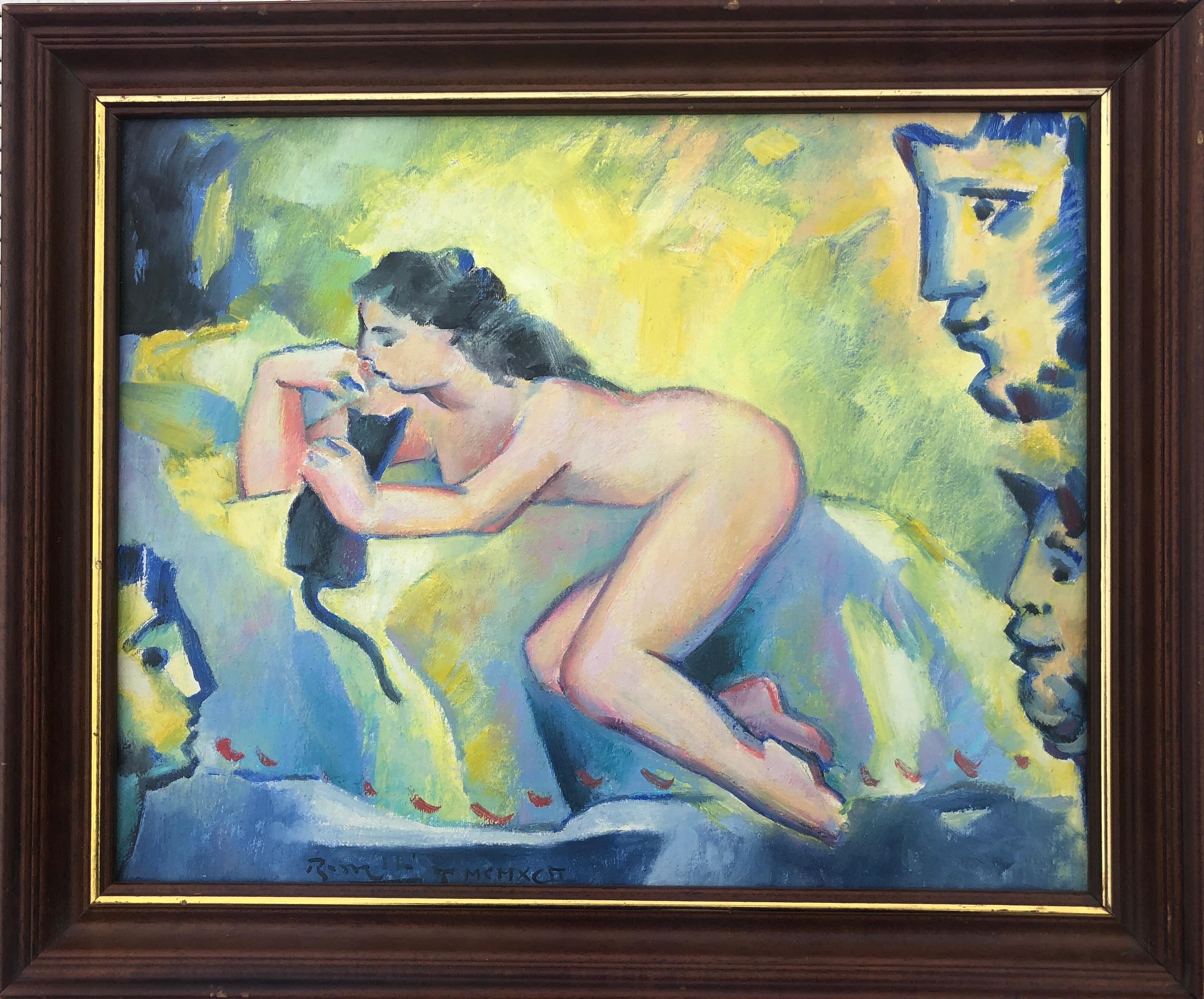Woman and Cat in the Sun, huile sur toile - Painting de Josep Maria Rosselló i Virgili