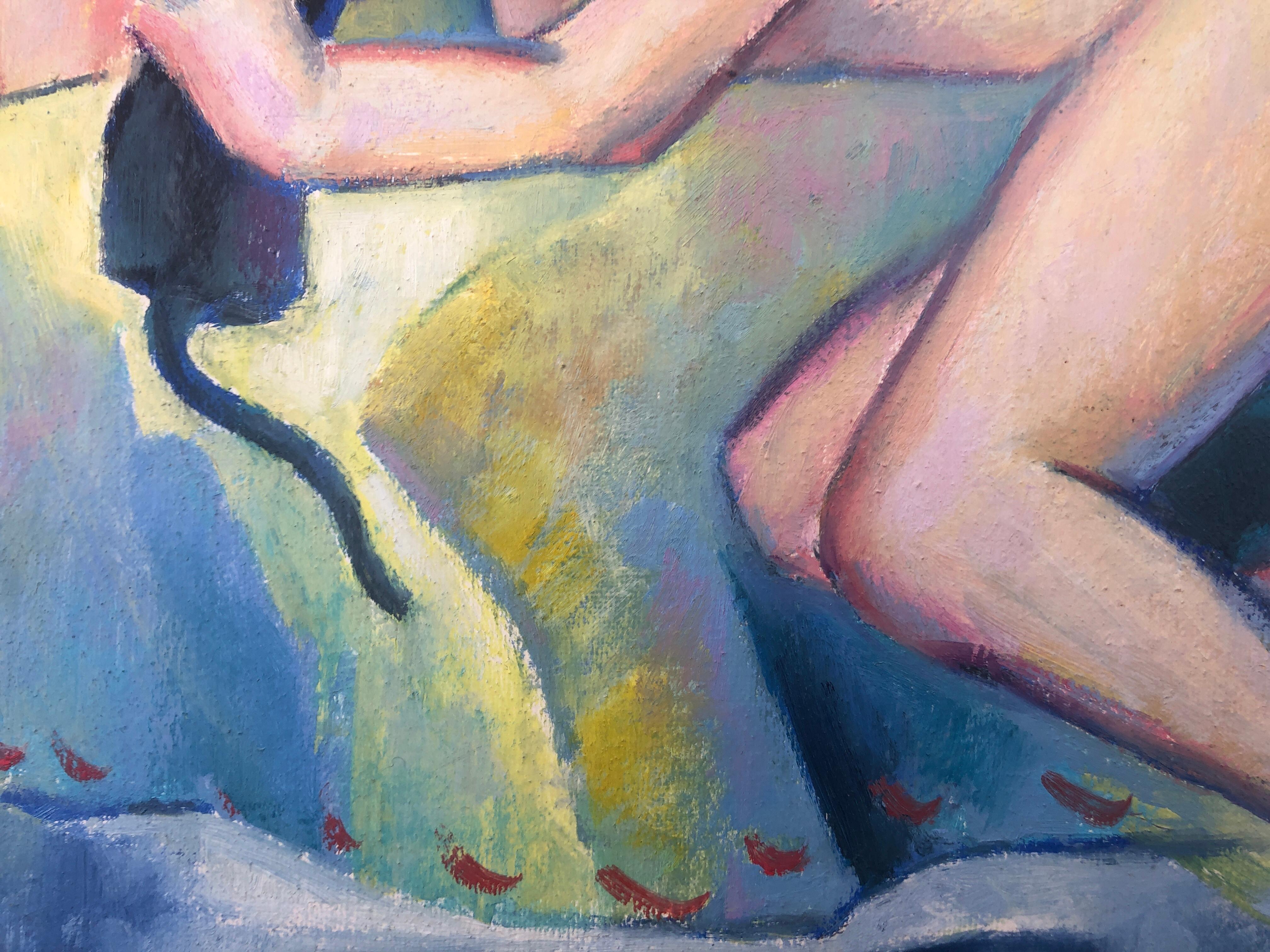 Woman and Cat in the Sun, huile sur toile - Beige Animal Painting par Josep Maria Rosselló i Virgili