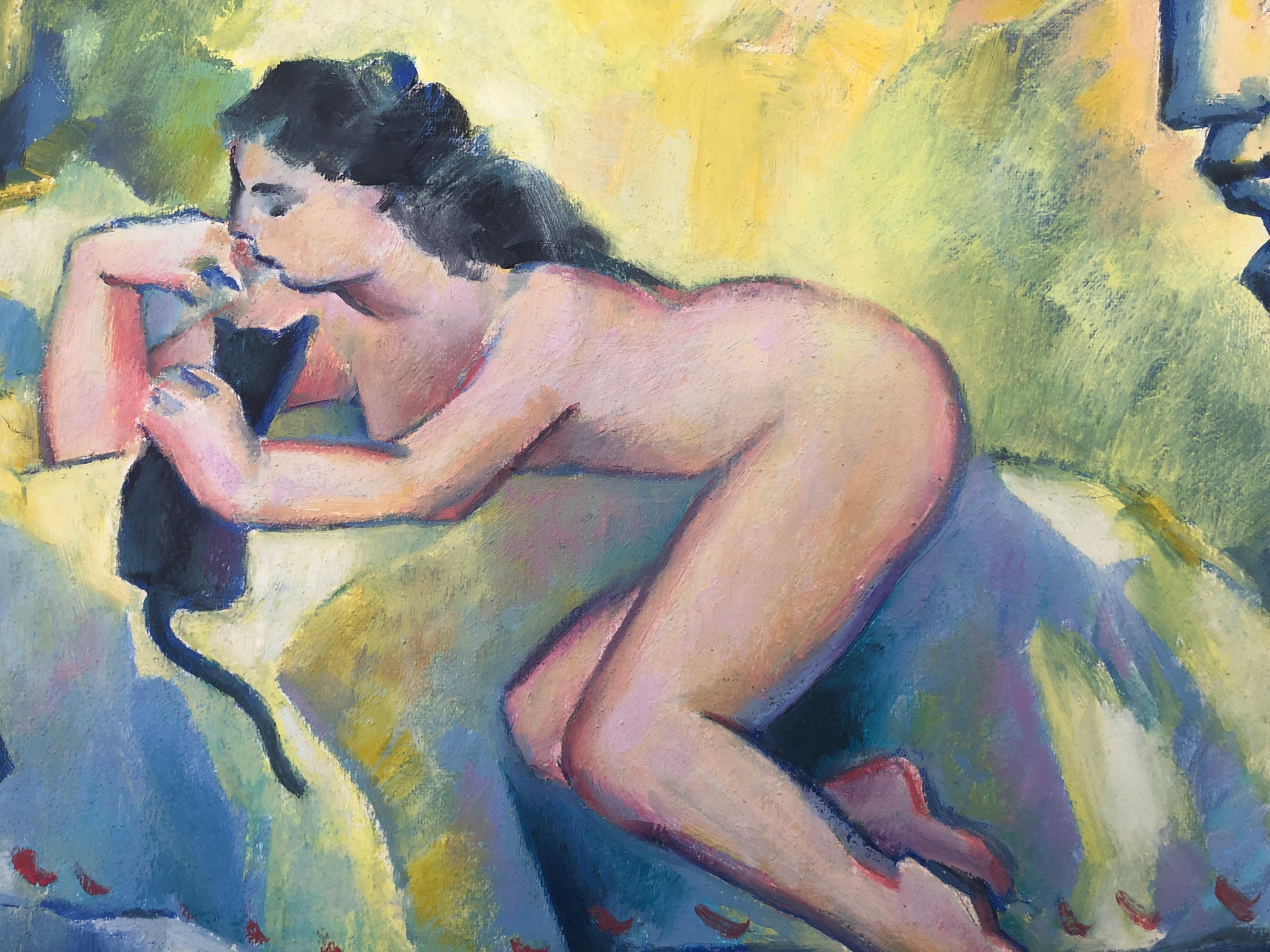 Woman and Cat in the Sun, huile sur toile en vente 2