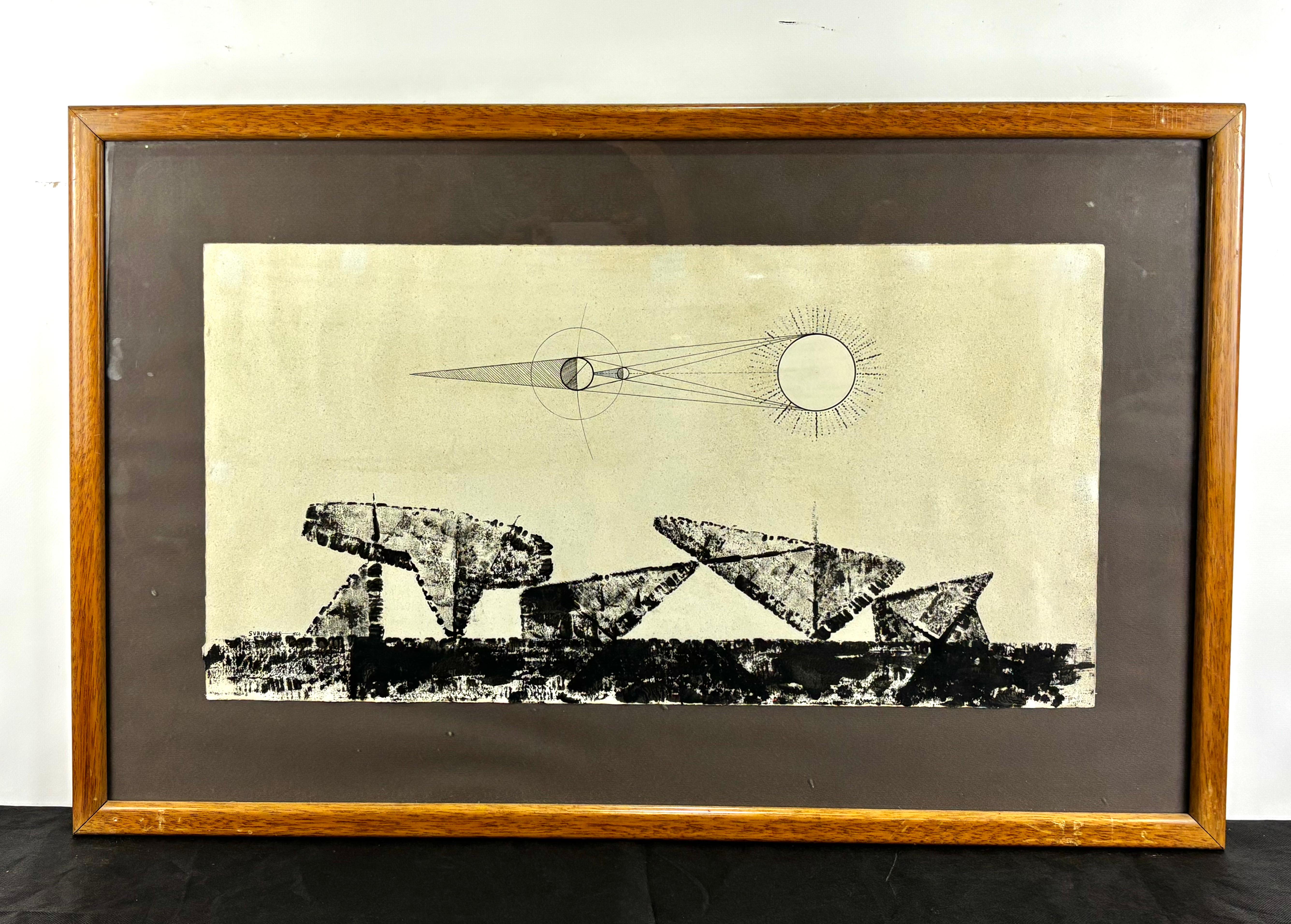 JOSEP MARIA SUBIRACHS SITJAR (Barcelona, 1927-2014).
"Eclipse". 1964.
Tinta sobre papel.
Firmada y fechada en el margen inferior.
Medidas: 35,5 x 68 cm.; 57 x 90 cm. (marco).

Este dibujo de Josep Maria Subirachs refleja su cosmovisión, en la que