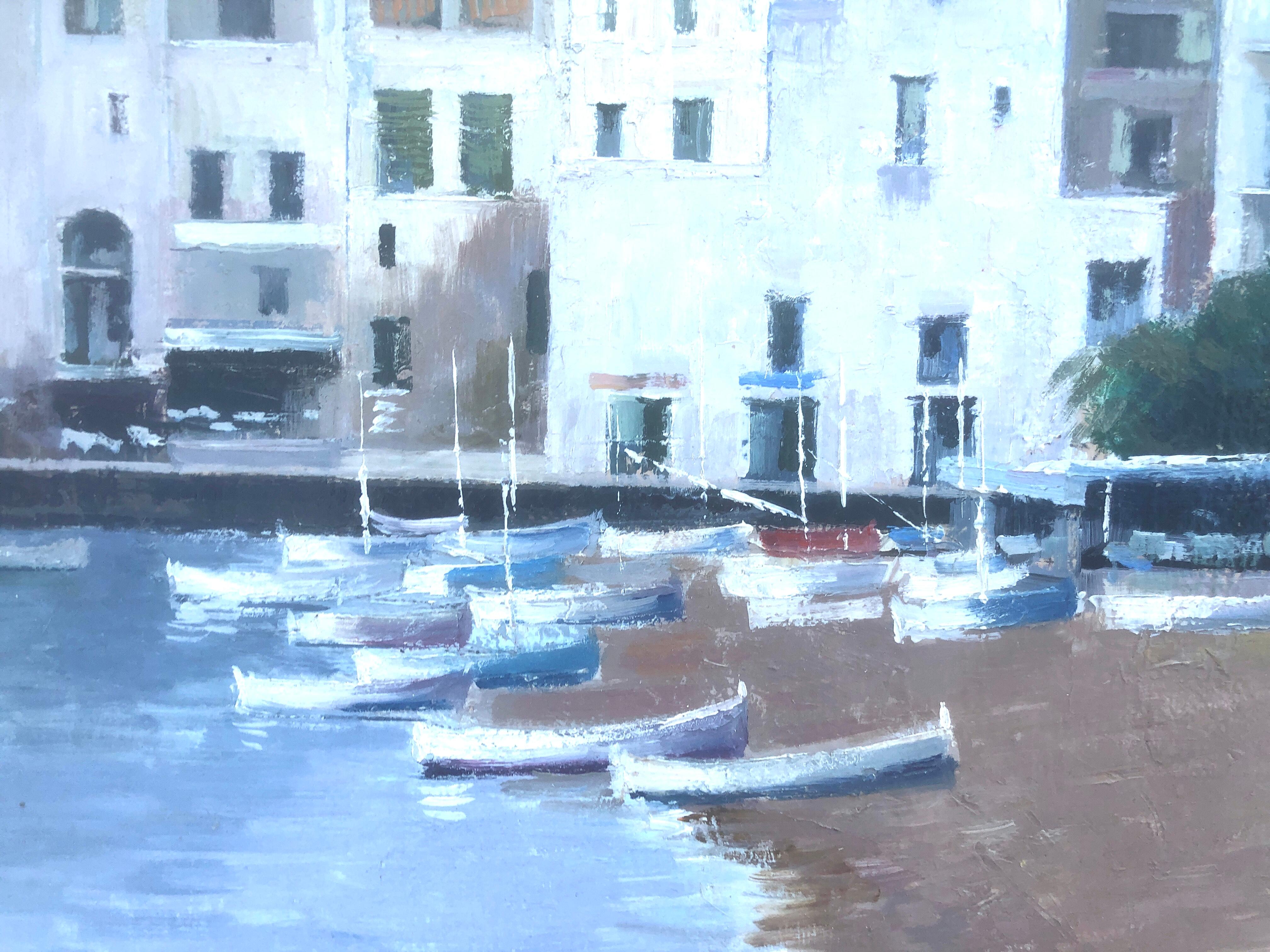 Cadaques Spain oil on canvas painting spanish mediterranean seascape - Blue Figurative Painting by Josep Maria Vayreda Canadell