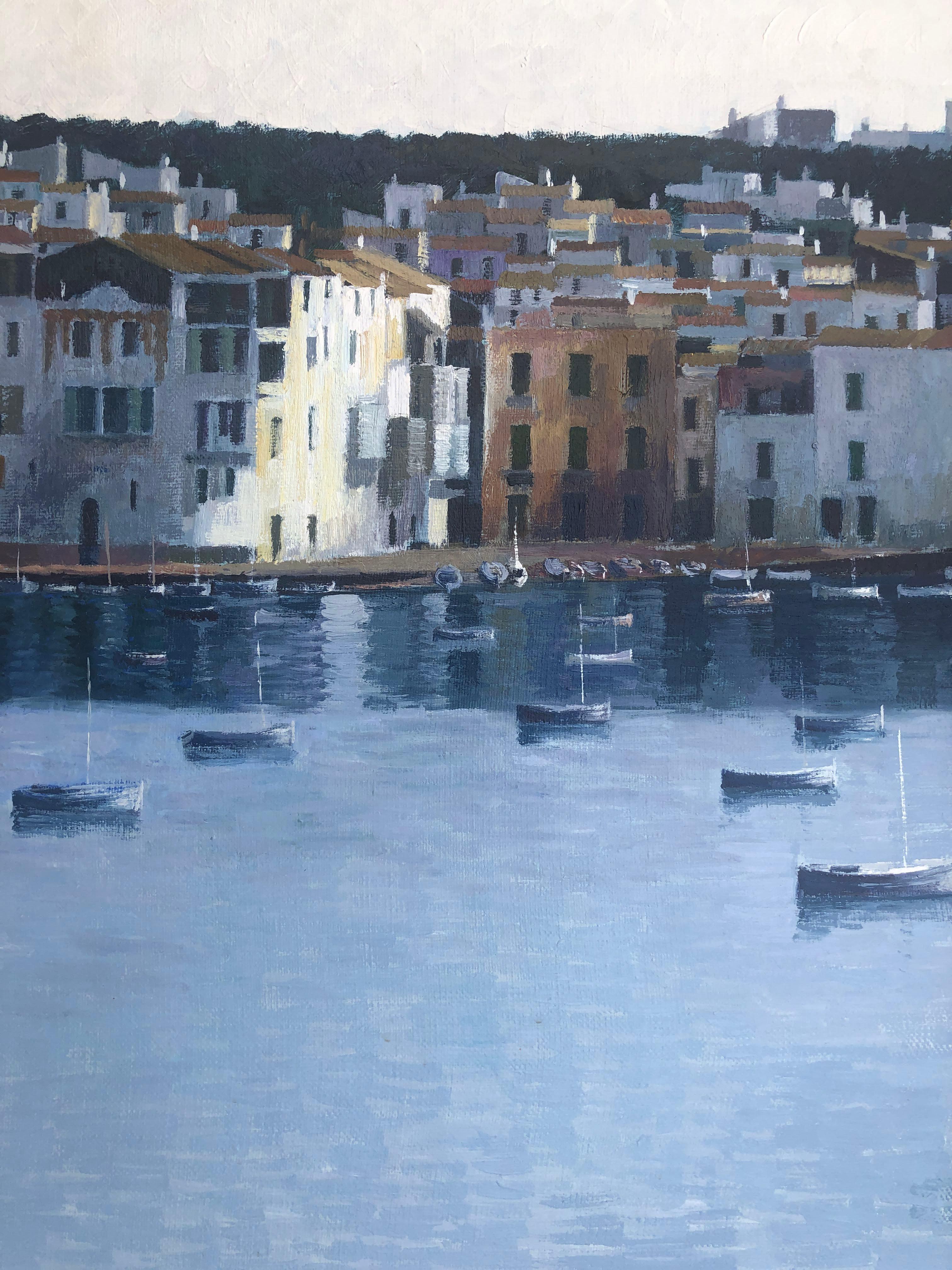 Cadaques view Spain seascape oil on canvas painting - Blue Landscape Painting by Josep Maria Vayreda Canadell