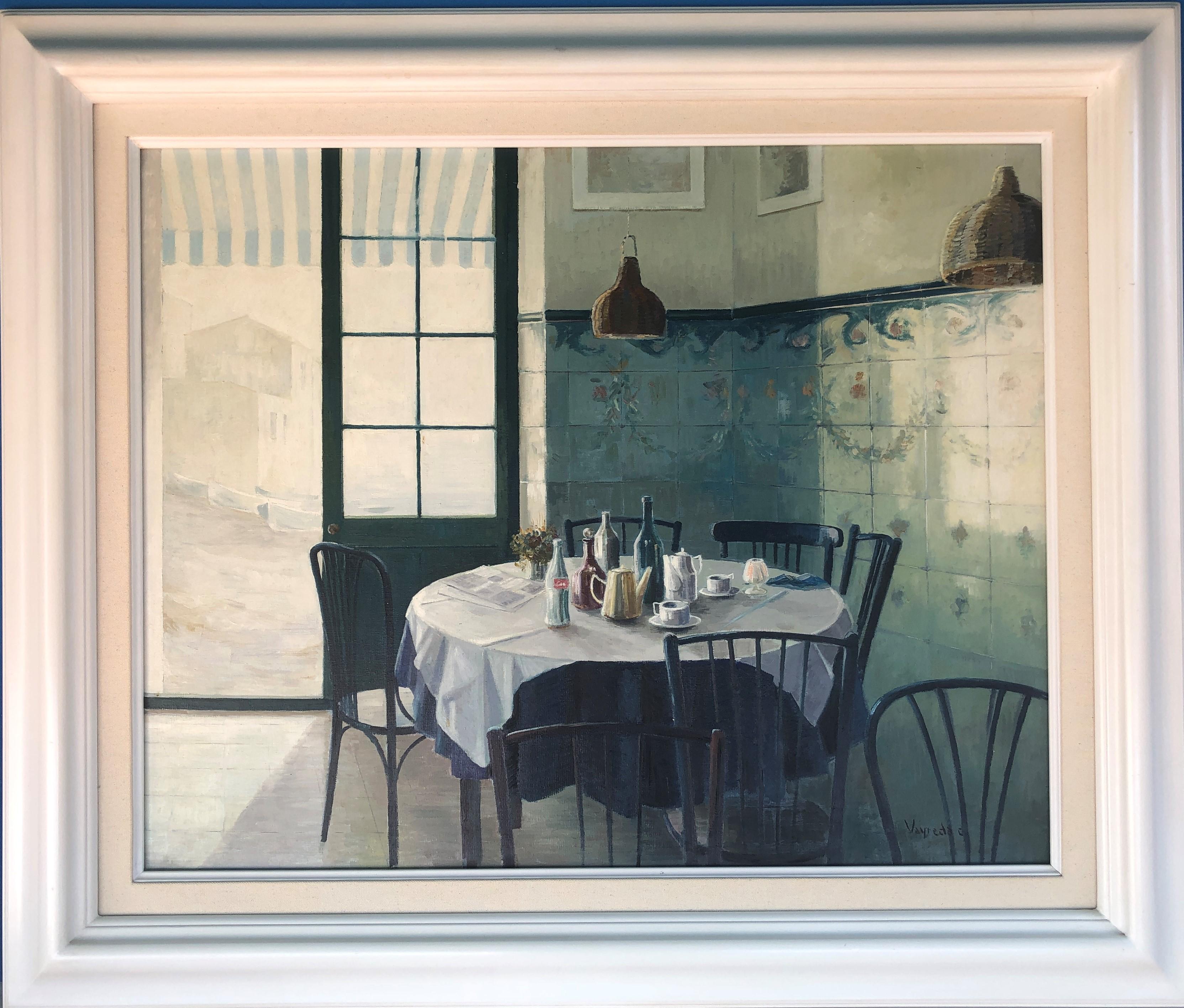 Casa Nun Cadaques Spain oil on canvas painting restaurant interior still life - Painting by Josep Maria Vayreda Canadell