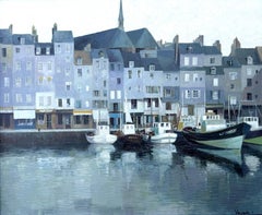 Honfleur Normandy Harbor Oil Painting with Boats and Historic Architecture