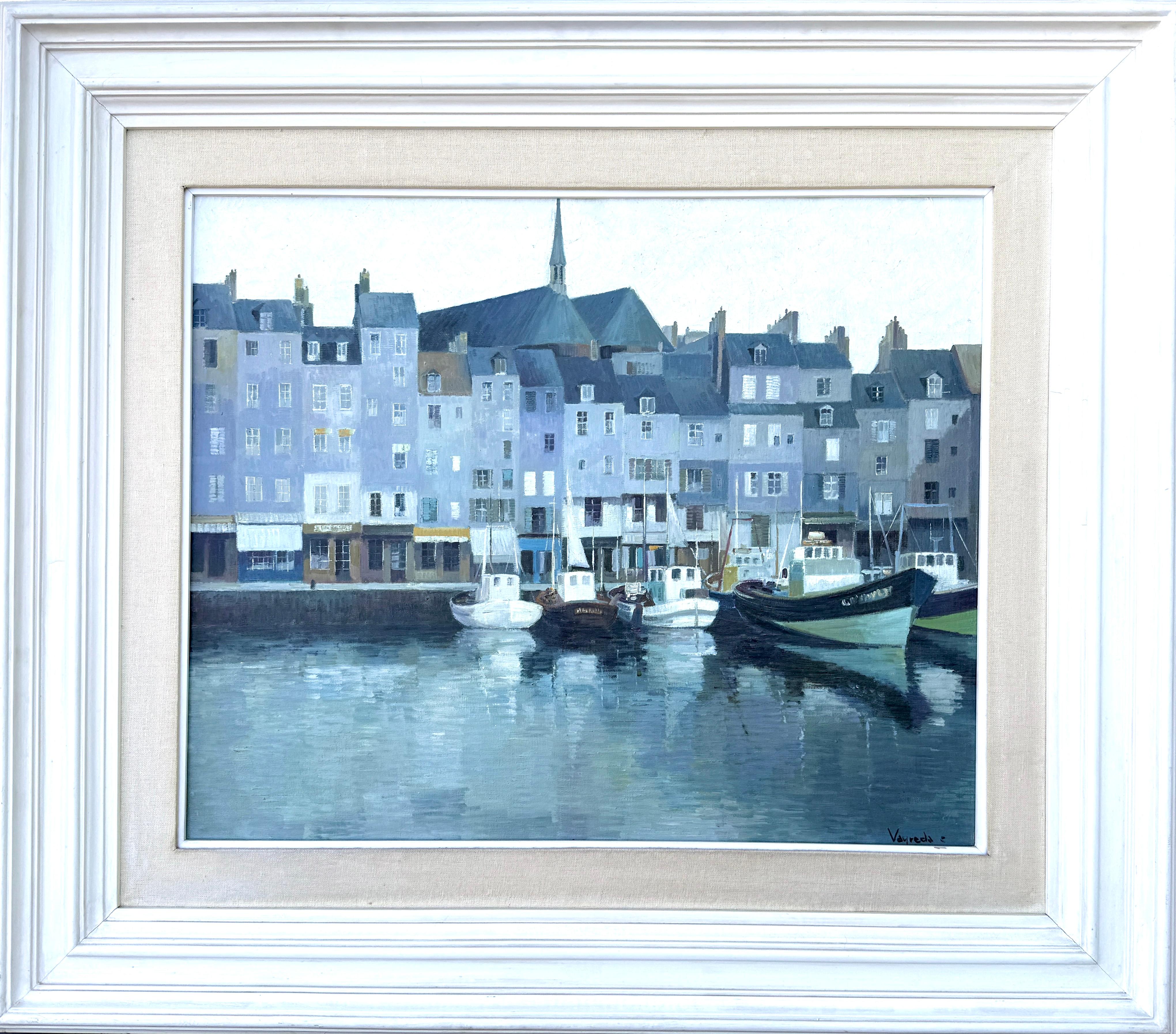 Honfleur Normandy Harbor Oil Painting with Boats and Historic Architecture