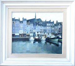 Honfleur Normandy Harbor Oil Painting with Boats and Historic Architecture
