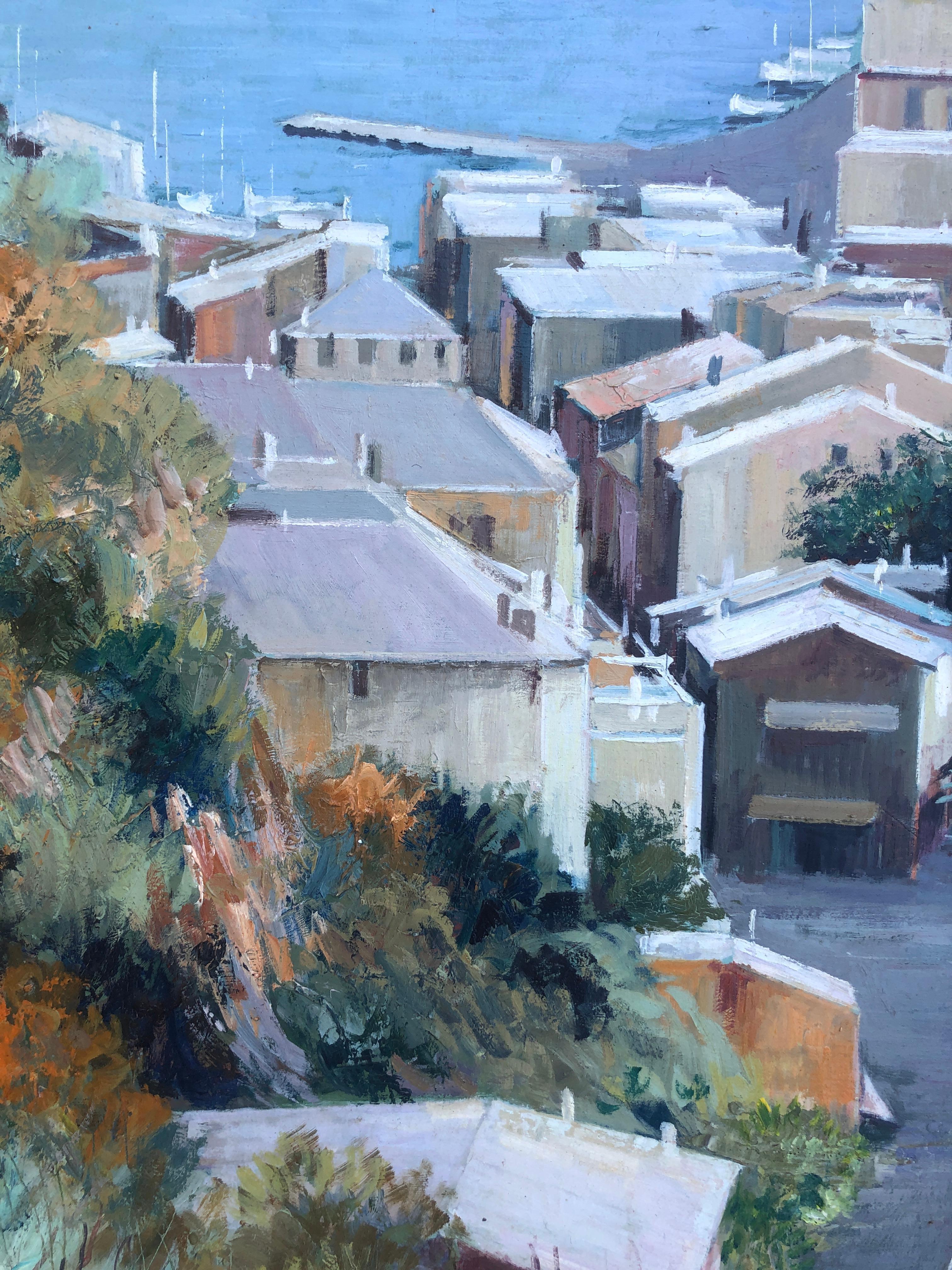 Portofino Italie huile sur toile peinture paysage marin italien paysage urbain - Gris Landscape Painting par Josep Maria Vayreda Canadell