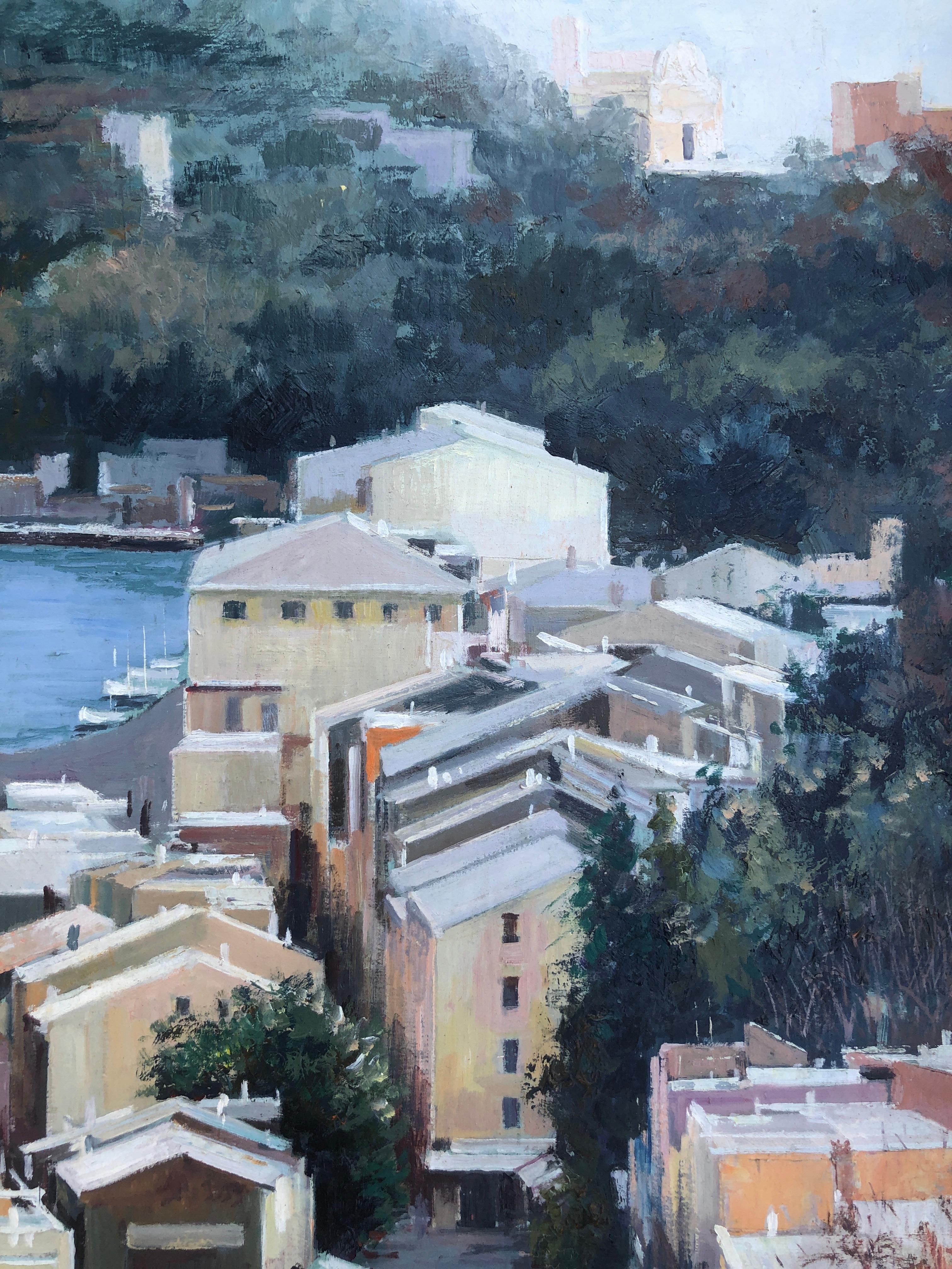 Portofino Italie huile sur toile peinture paysage marin italien paysage urbain en vente 1