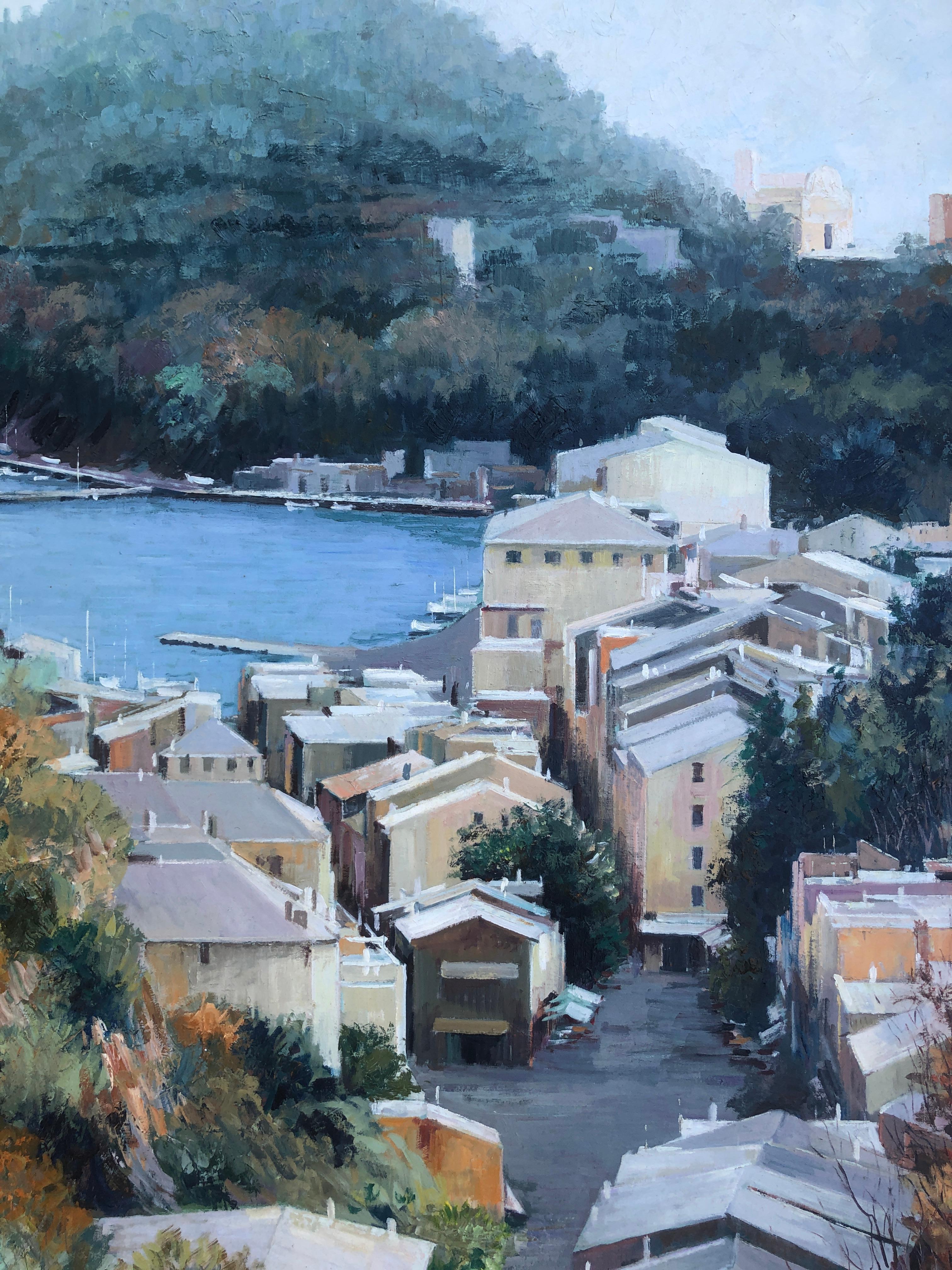 Portofino Italie huile sur toile peinture paysage marin italien paysage urbain en vente 2