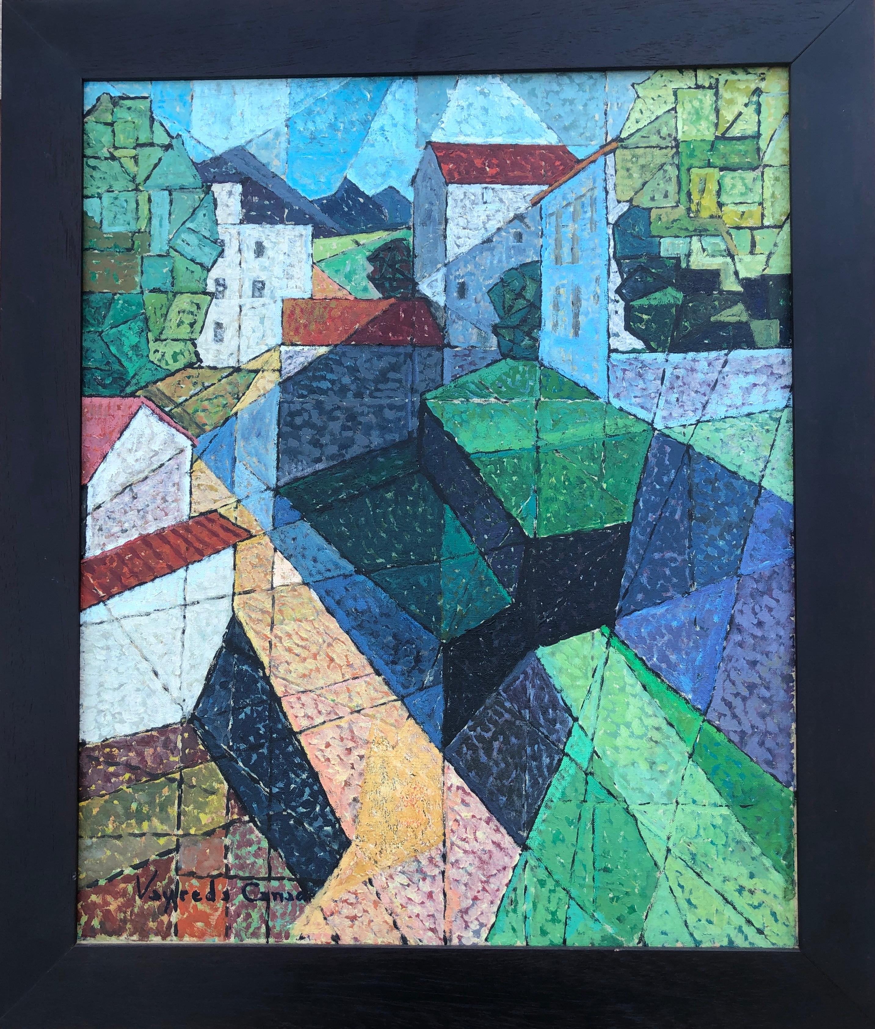 Spanish town cubist oil on canvas painting spain - Painting by Josep Maria Vayreda Canadell