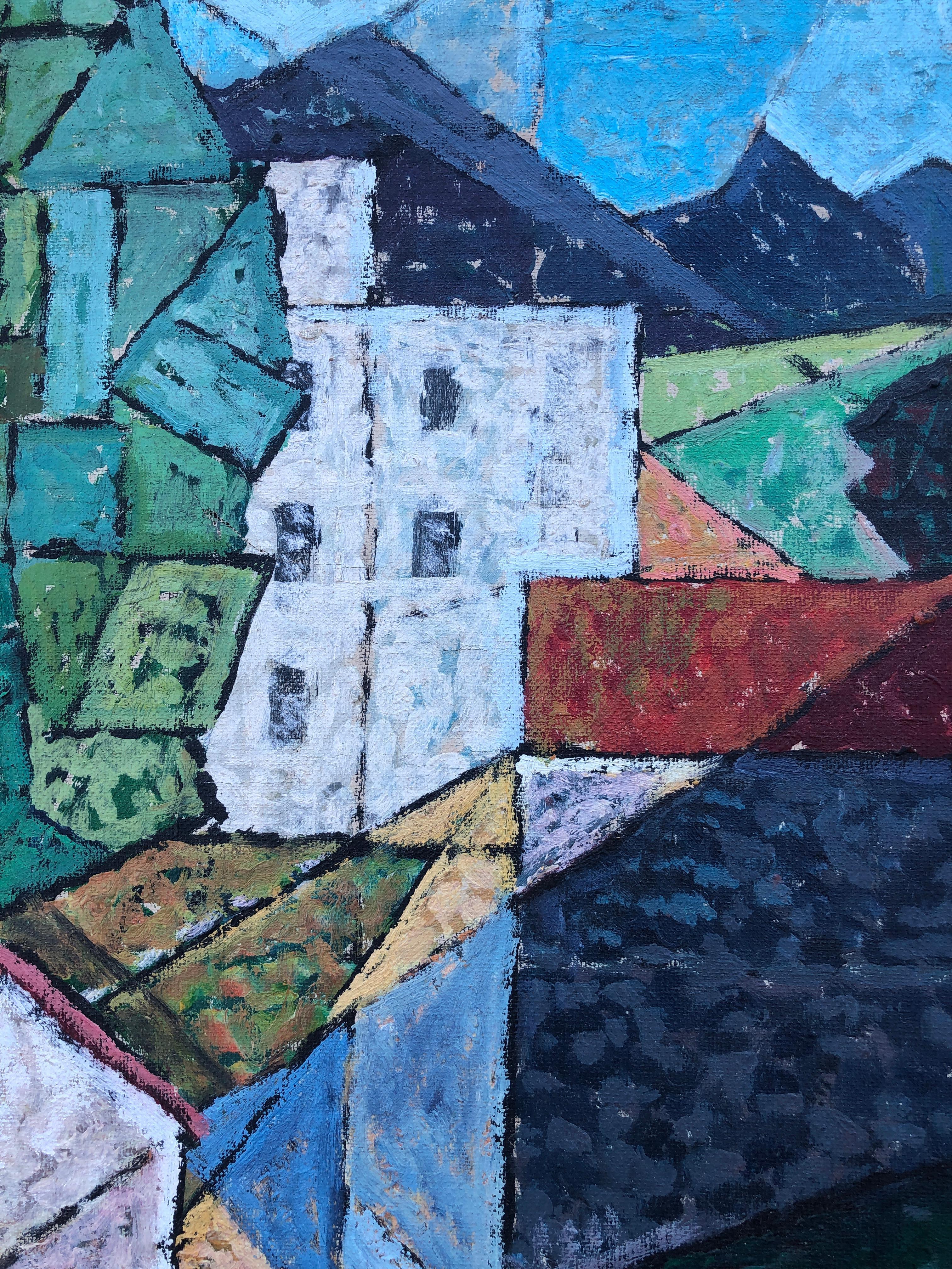 Spanish town cubist oil on canvas painting spain For Sale 1