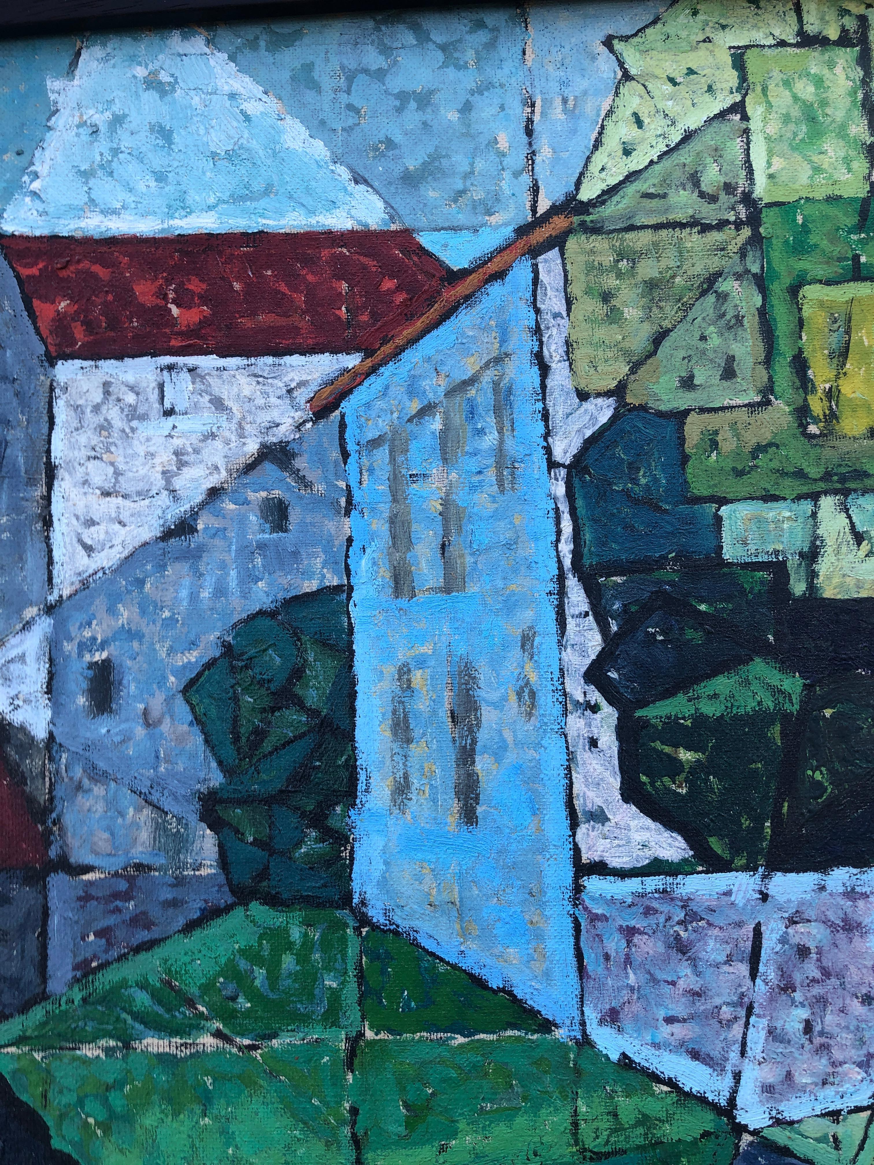 Spanish town cubist oil on canvas painting spain For Sale 2