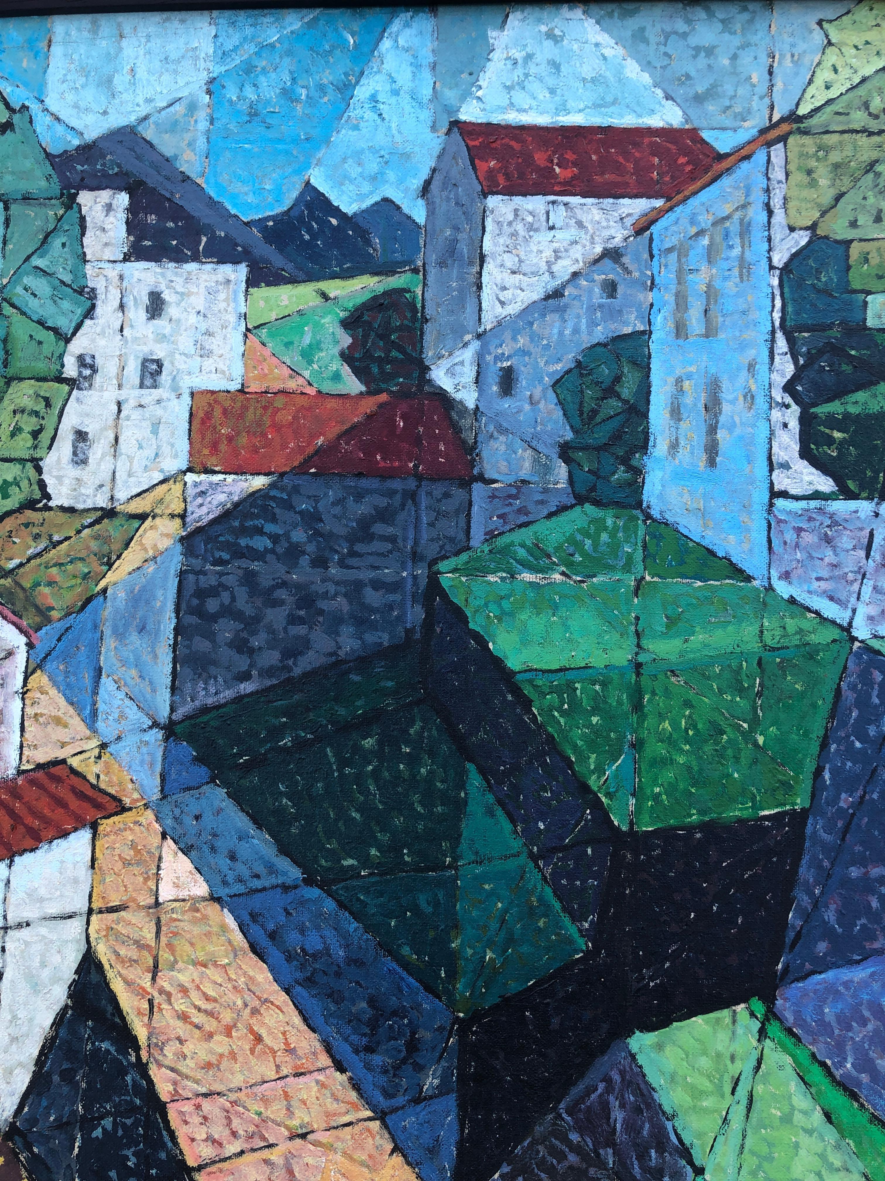 Spanish town cubist oil on canvas painting spain For Sale 3