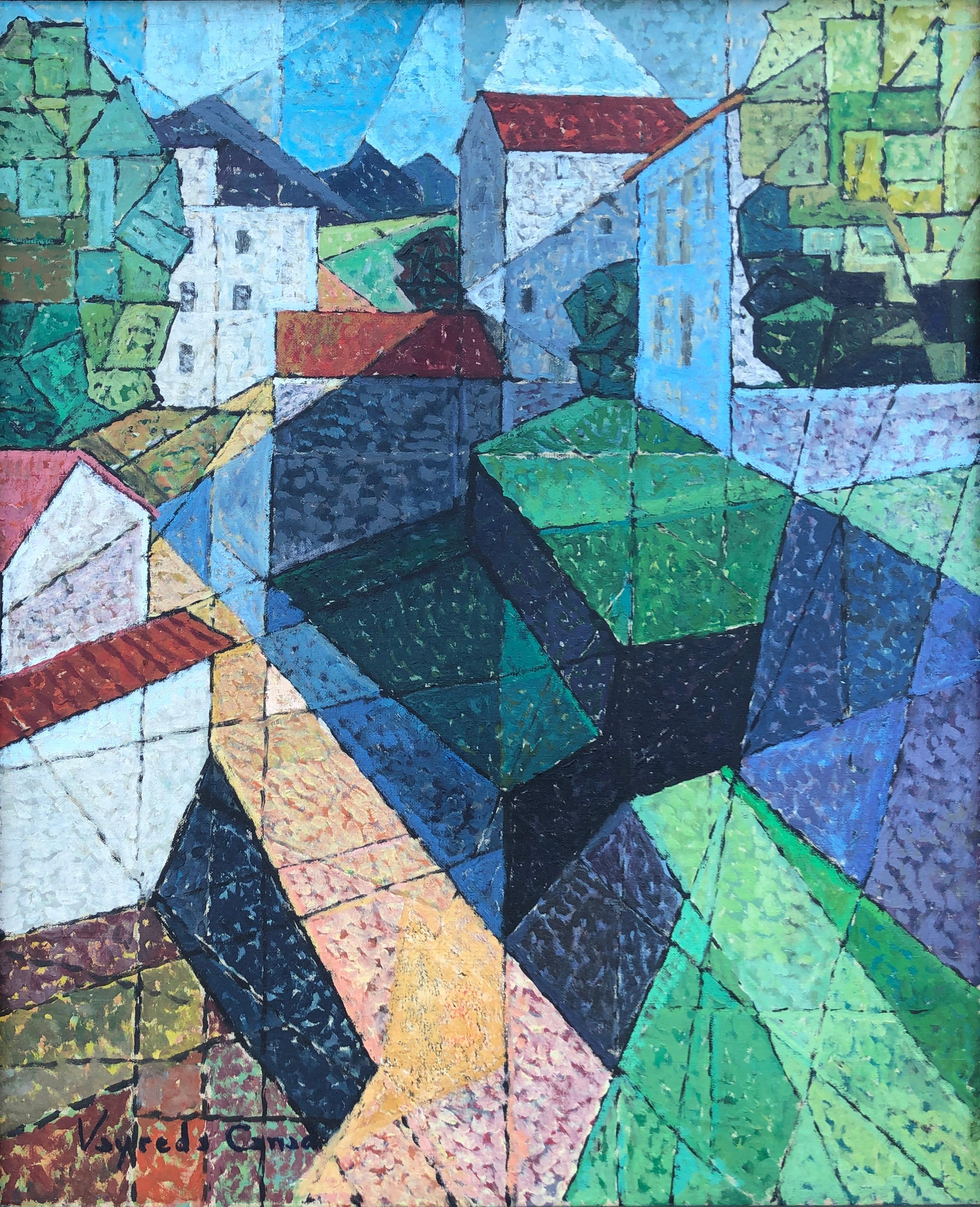 Josep Maria Vayreda Canadell Landscape Painting - Spanish town cubist oil on canvas painting spain