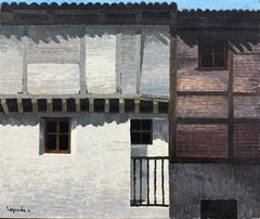 Spanish Village Architecture Oil Painting with White Houses and Wooden Balconies