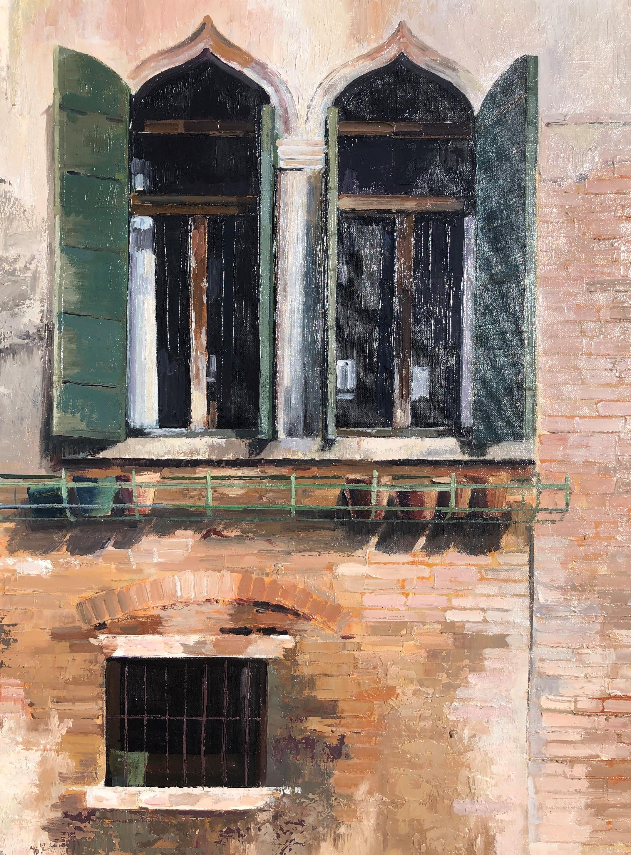 Venice window original oil on canvas painting - Brown Landscape Painting by Josep Maria Vayreda Canadell