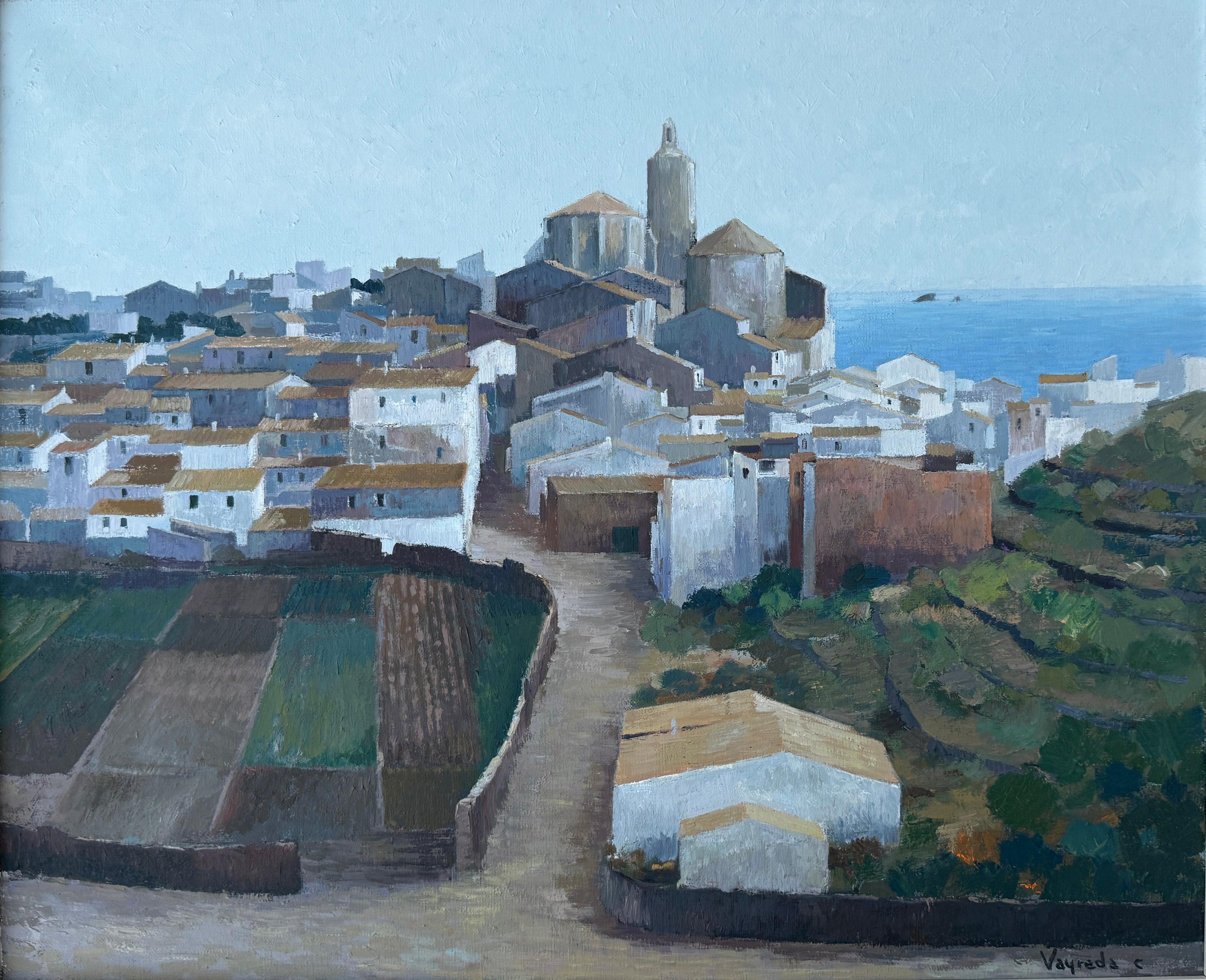 Josep Maria Vayreda Canadell Landscape Painting - View of Cadaqués Spain oil on canvas painting mediterranean seascape