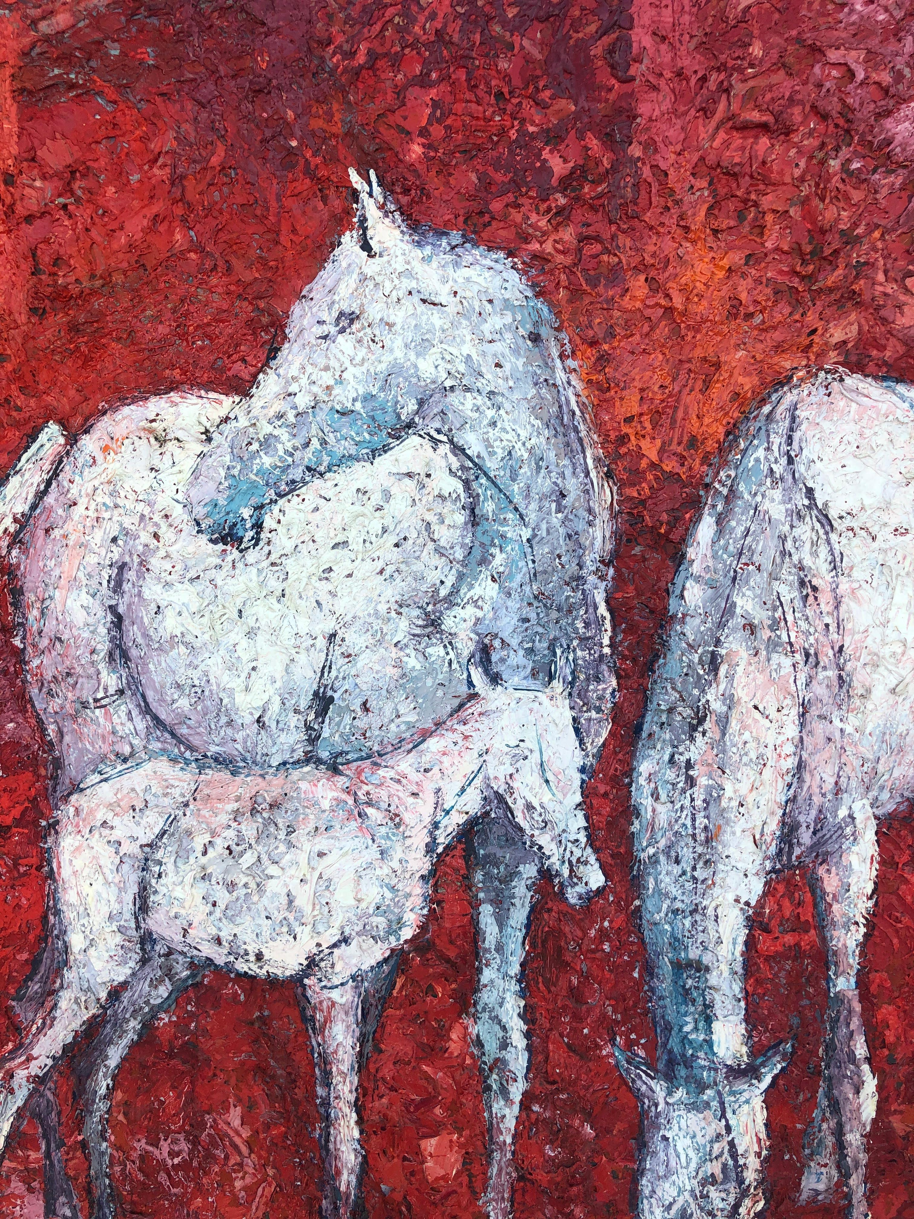 White horses original oil on canvas painting - Brown Animal Painting by Josep Maria Vayreda Canadell