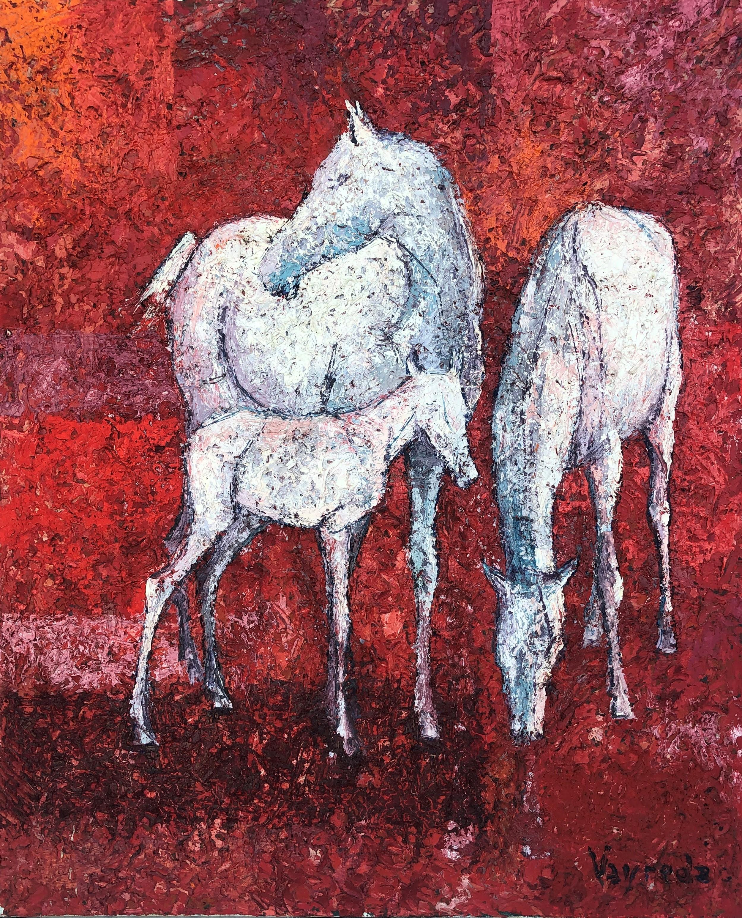 Josep Maria Vayreda Canadell Animal Painting - White horses original oil on canvas painting
