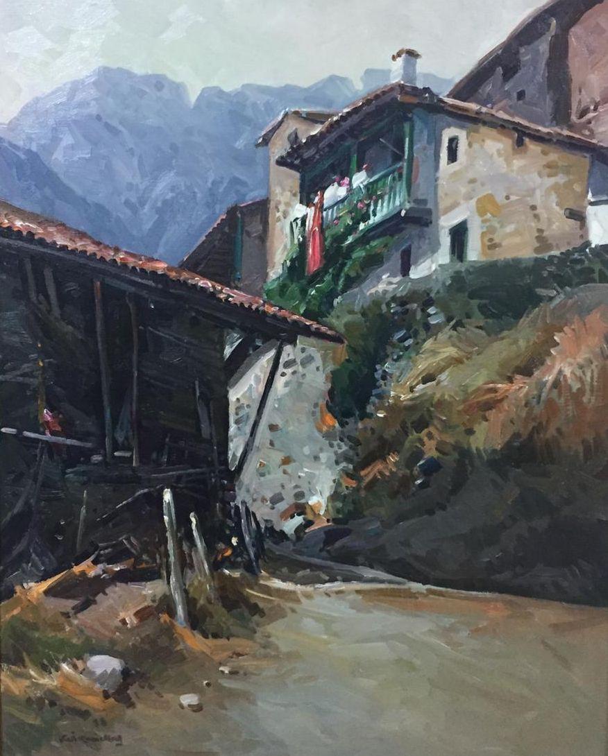 Josep María Vilá Cañellas Figurative Painting – Vila Cañellas Stadt  Asturien. PICOS DE EUROPA   Original  Acryl