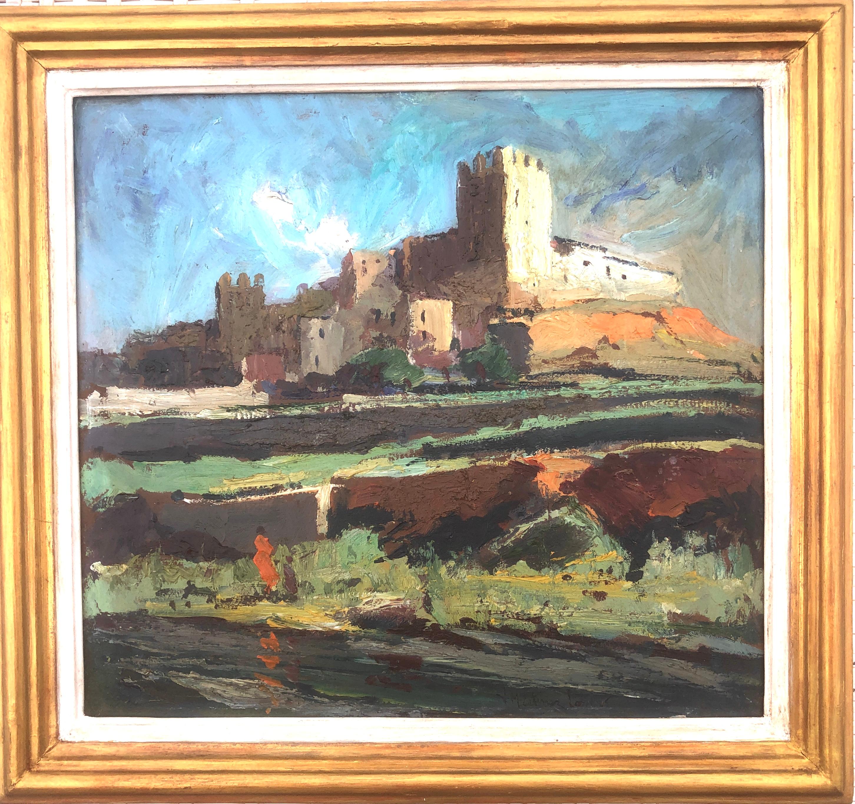 Spanische Burglandschaft, Öl auf Karton, Gemälde – Painting von Josep Martinez Lozano