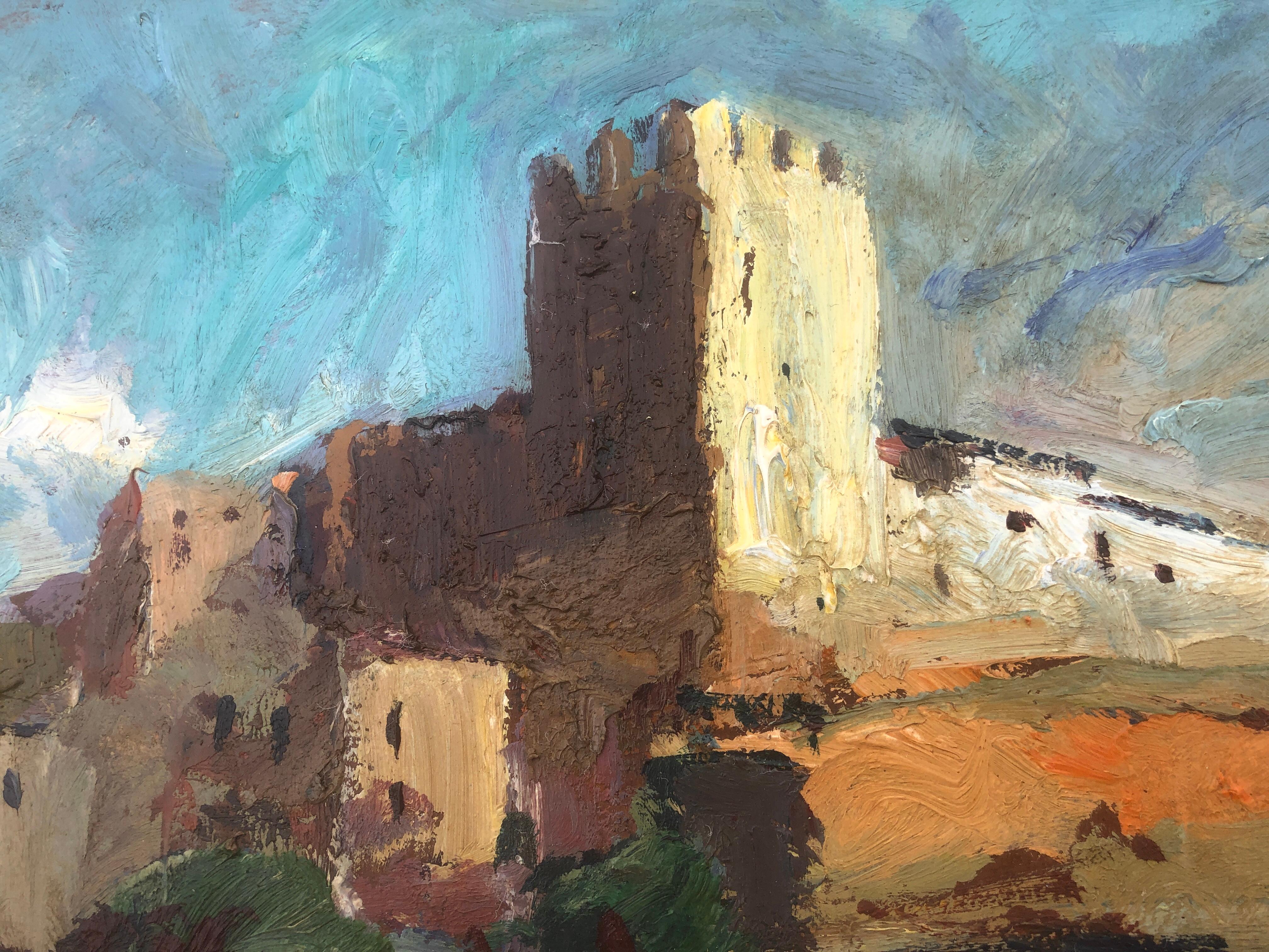 Spanish castle landscape oil on board painting For Sale 1