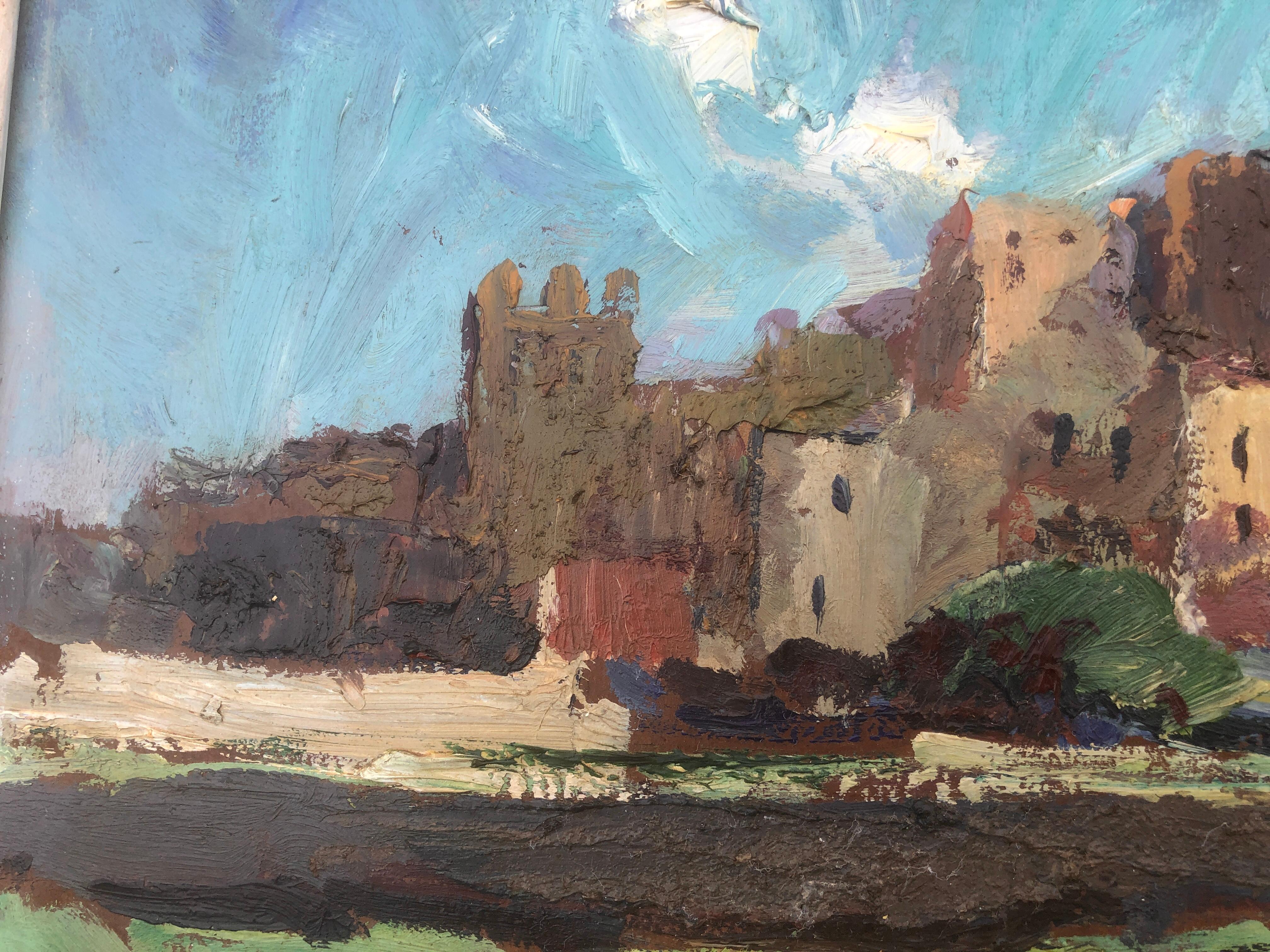 Spanish castle landscape oil on board painting For Sale 1