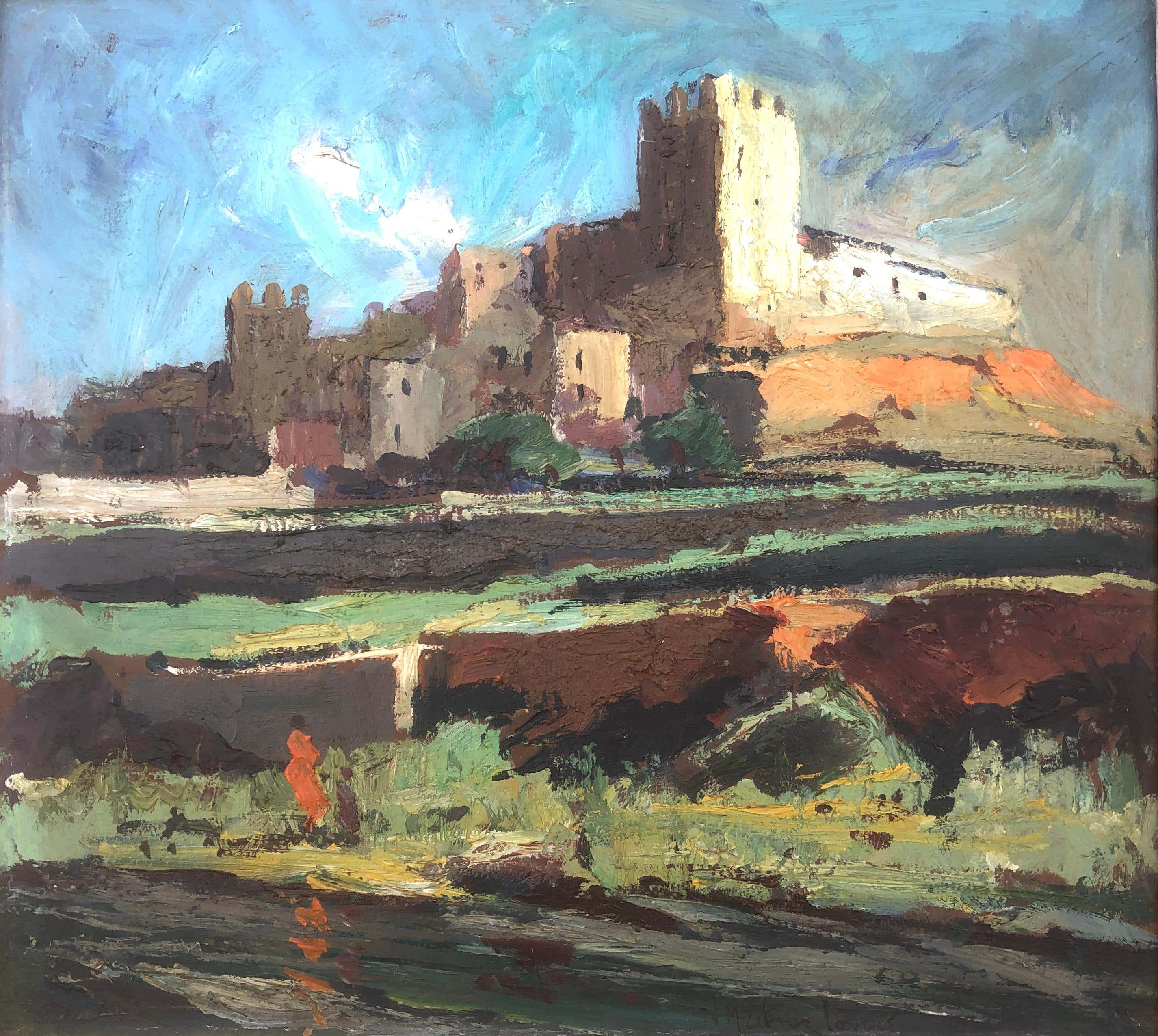 Paesaggio di un castello spagnolo dipinto ad olio su tavola