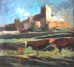 Retro Spanish castle landscape oil on board painting
