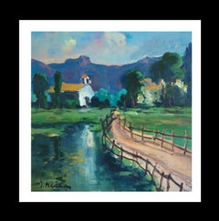 Meneses. MALLORCA. carré.  PAYSAGE- peinture originale acrylique sur bois