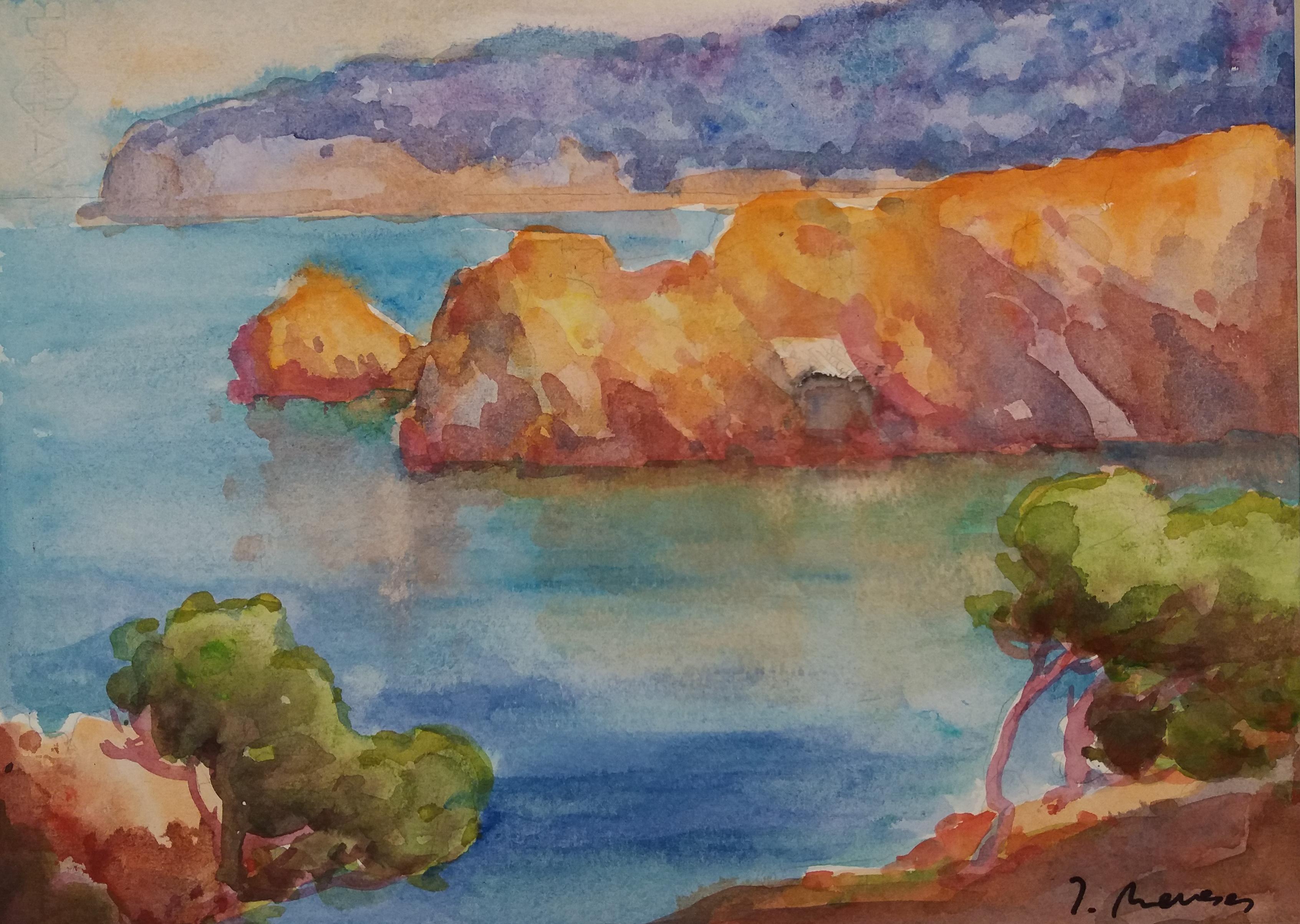 Meneses 26 Küste. Marine. Original Aquarell Papier Expressionist – Painting von Josep Meneses
