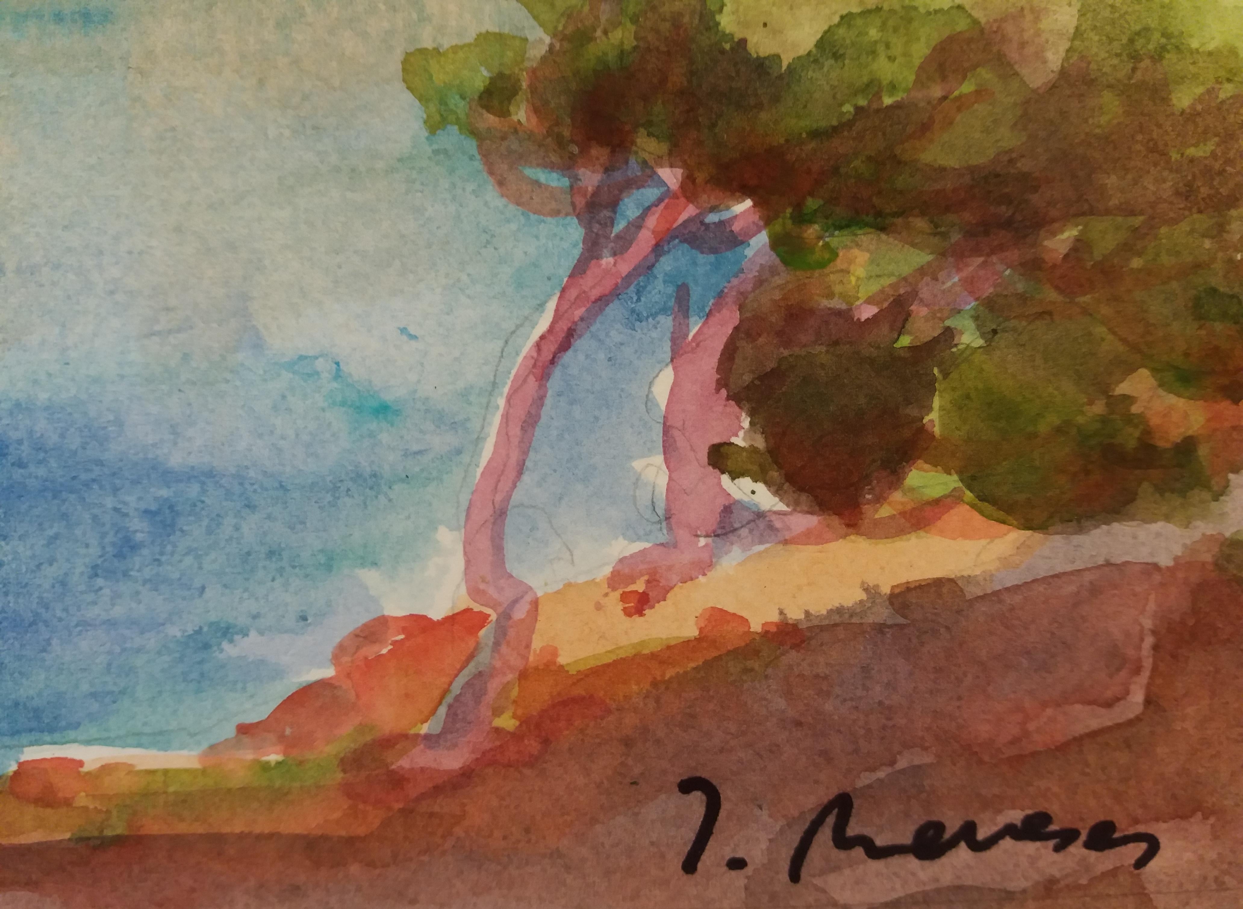 Meneses  coast. Marine. original watercolor paper expressionist  - Expressionist Painting by Josep Meneses
