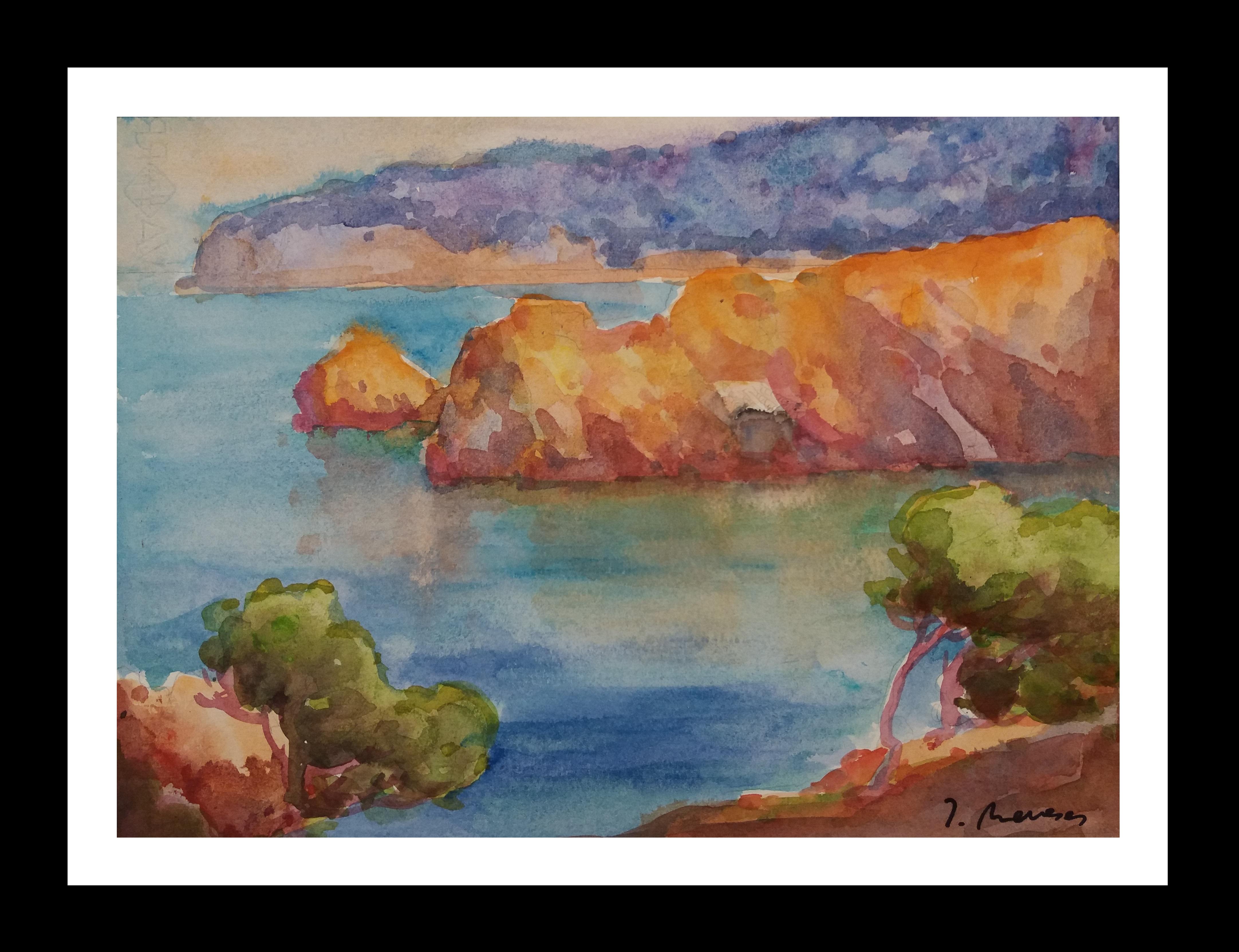 Landscape Painting Josep Meneses - Meneses  côte. Aquarelle originale de l'expressionniste de la marine 